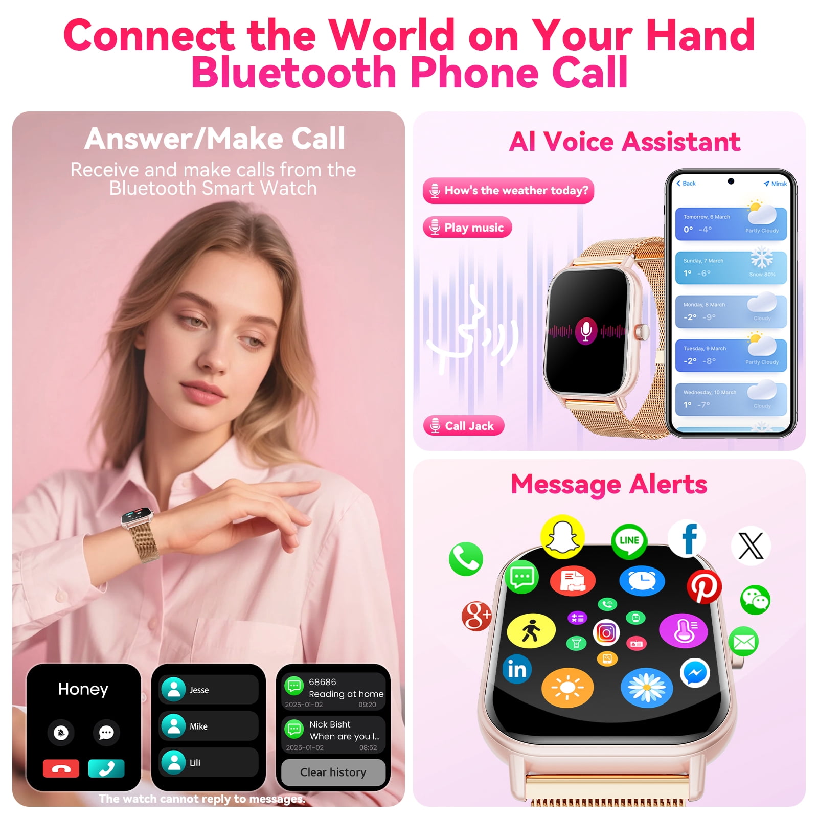 1.85-Inch Men's and Women's smartwatch fits for Android and iPhone Devices with Fitness Tracker, Pedometer, Answer/Call/120 Sport Modes, IP68 Waterproof Fitness Watch, (Milanese Steel Band) - Image 4