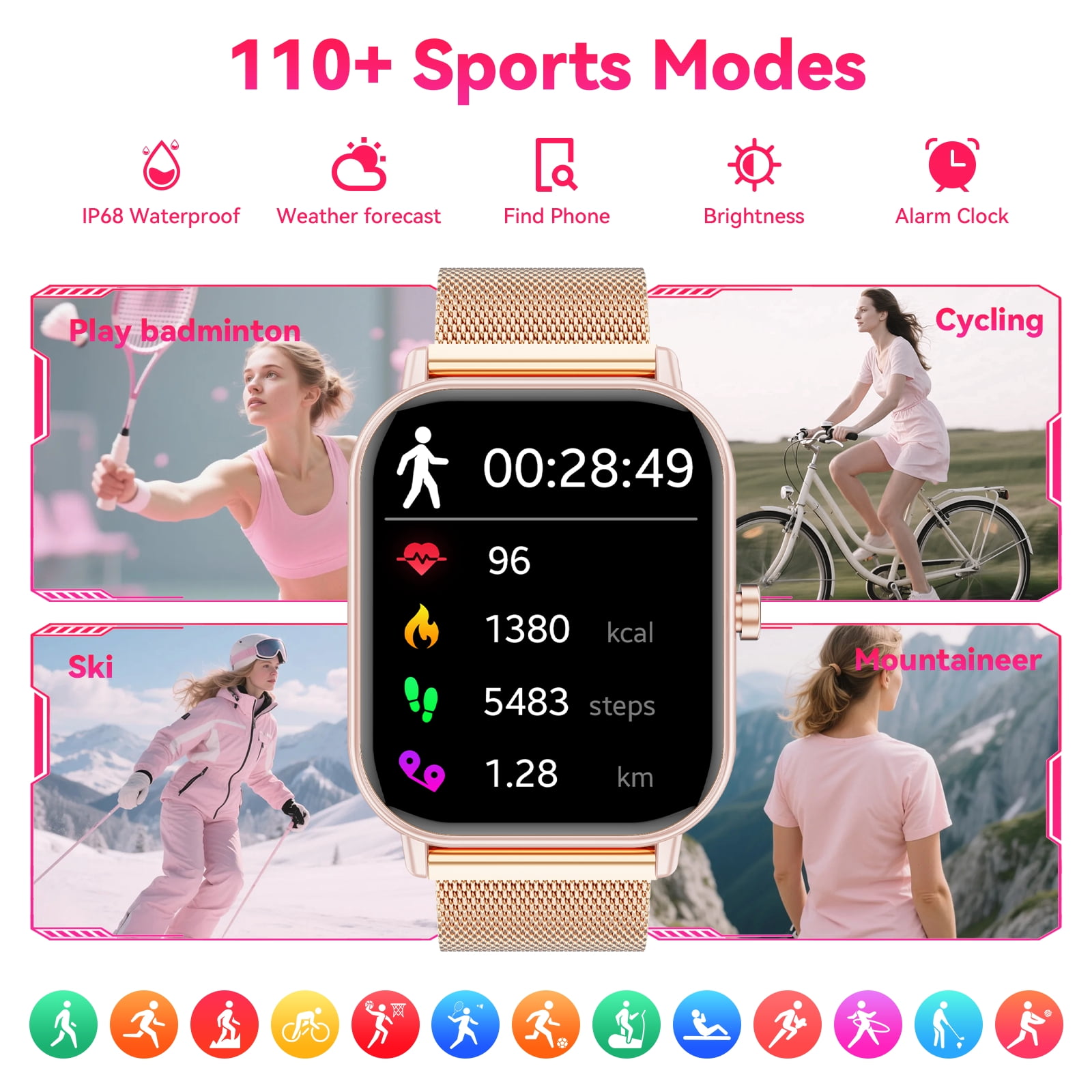 1.85-Inch Men's and Women's smartwatch fits for Android and iPhone Devices with Fitness Tracker, Pedometer, Answer/Call/120 Sport Modes, IP68 Waterproof Fitness Watch, (Milanese Steel Band) - Image 5