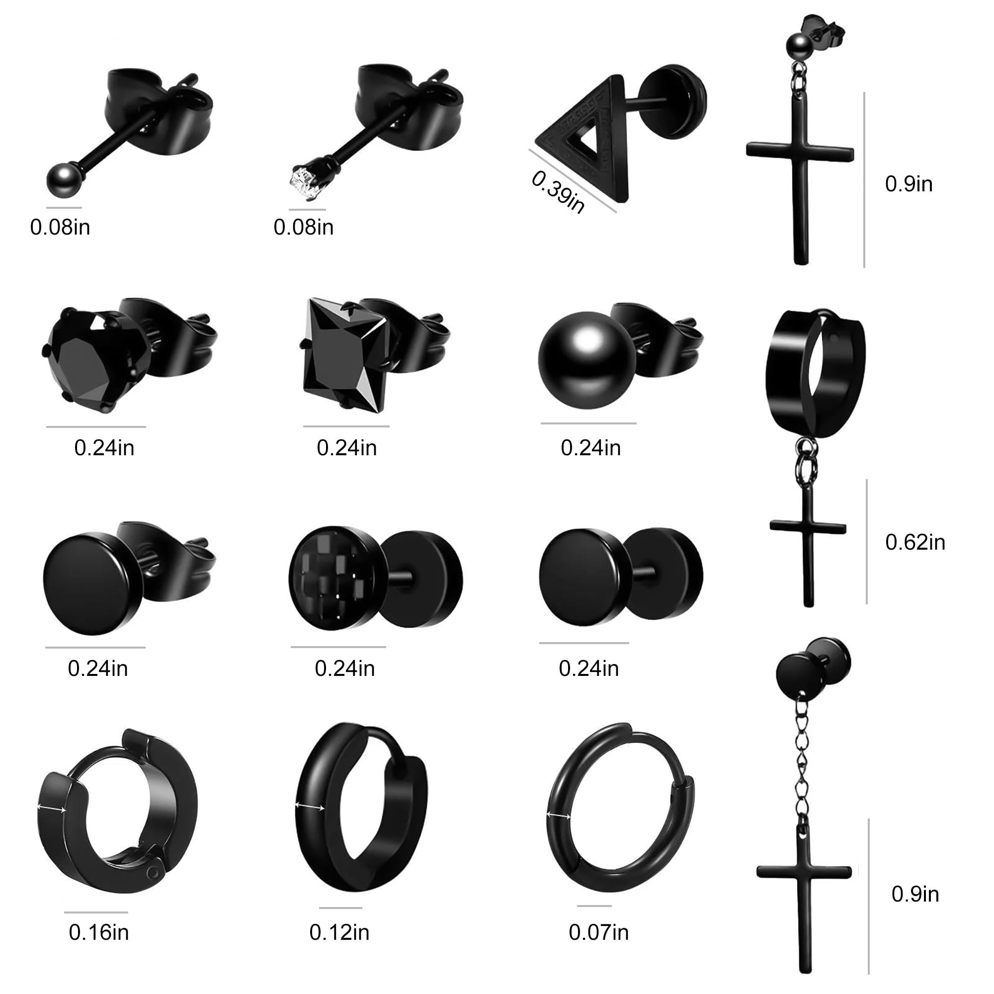 15 Pairs Stainless Steel Earrings, TSV Black Hoop Dangle Stud Cool Piercing Earrings Jewelry Set for Women Men - Image 4