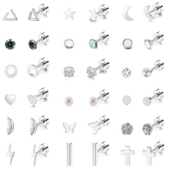 18 Pairs Adults Stainless Steel Stud Earrings Set for Women Men 20G Adult Cartilage Earrings Hypoallergenic Flatback Earrings Piercing Jewelry(Silver)