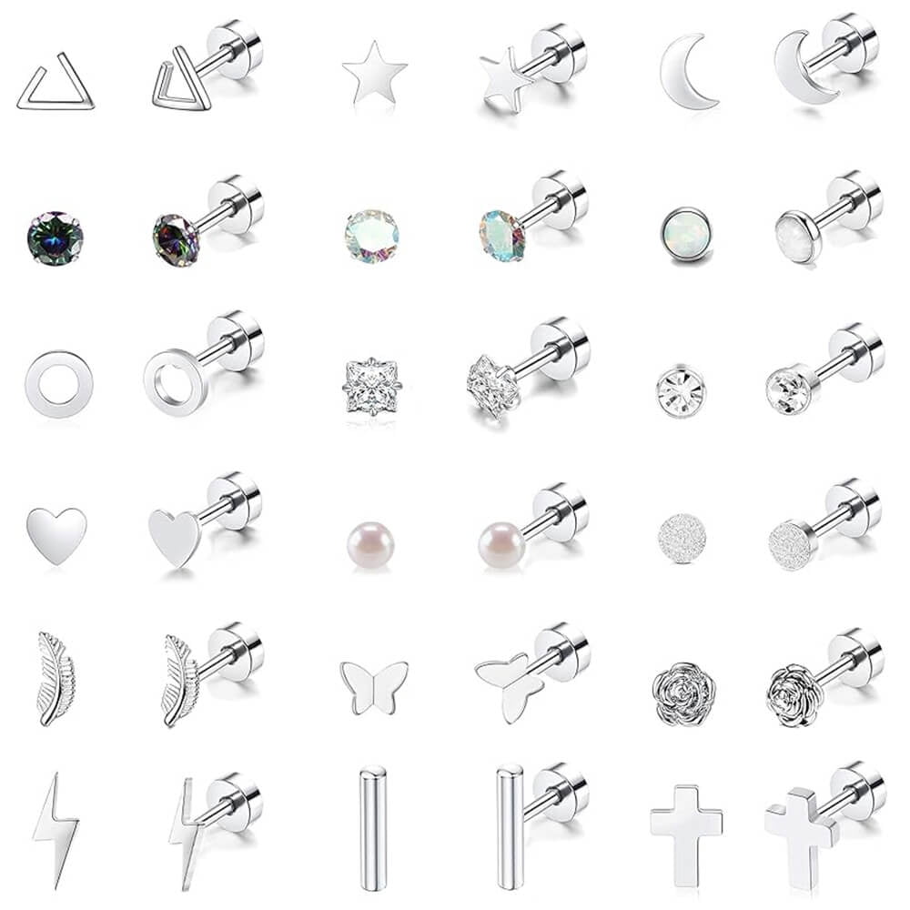 18 Pairs Adults Stainless Steel Stud Earrings Set for Women Men 20G Adult Cartilage Earrings Hypoallergenic Flatback Earrings Piercing Jewelry(Silver)