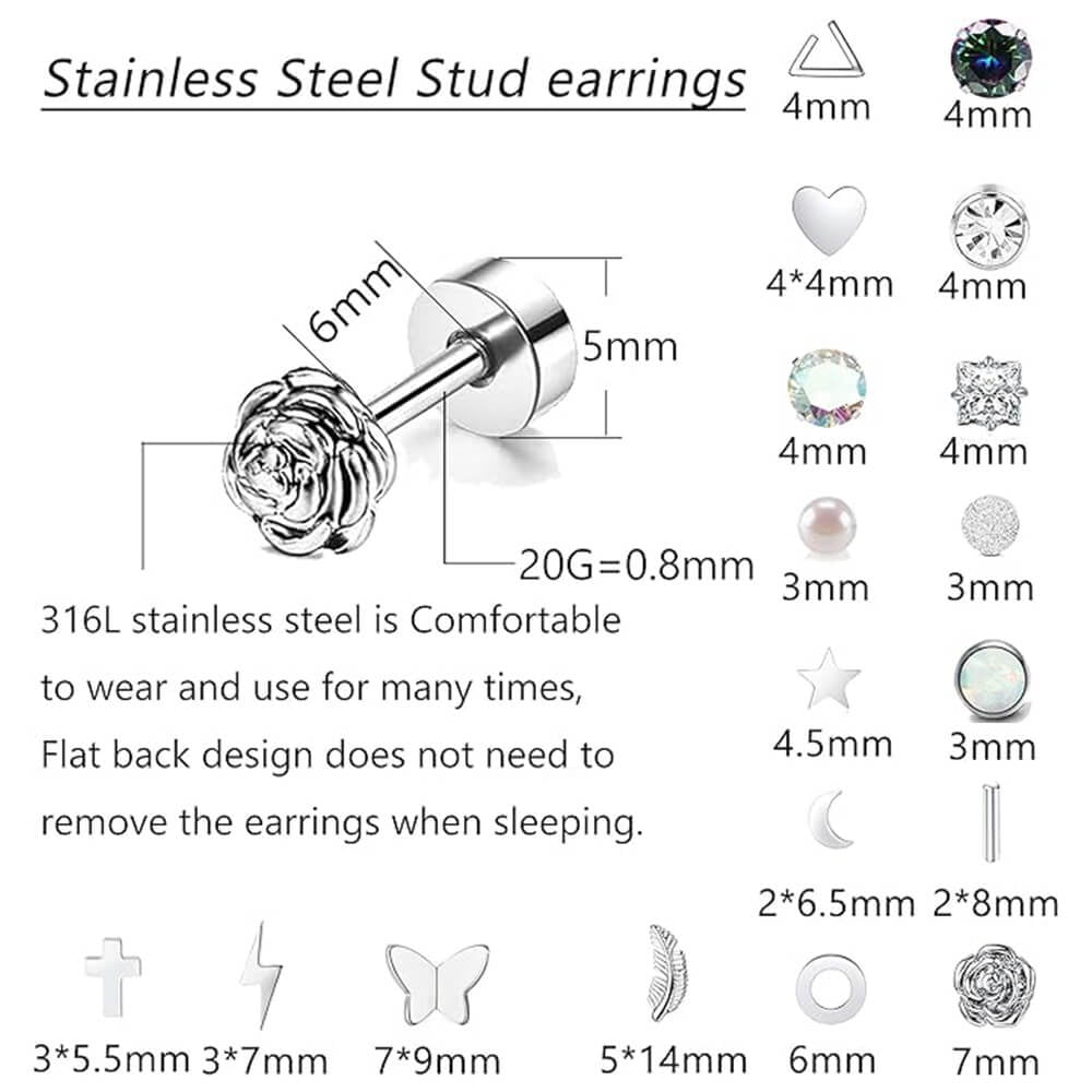 18 Pairs Adults Stainless Steel Stud Earrings Set for Women Men 20G Adult Cartilage Earrings Hypoallergenic Flatback Earrings Piercing Jewelry(Silver) - Image 5