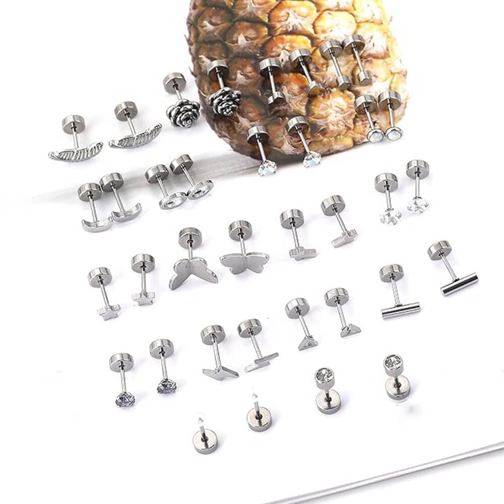 18 Pairs Adults Stainless Steel Stud Earrings Set for Women Men 20G Adult Cartilage Earrings Hypoallergenic Flatback Earrings Piercing Jewelry(Silver) - Image 2