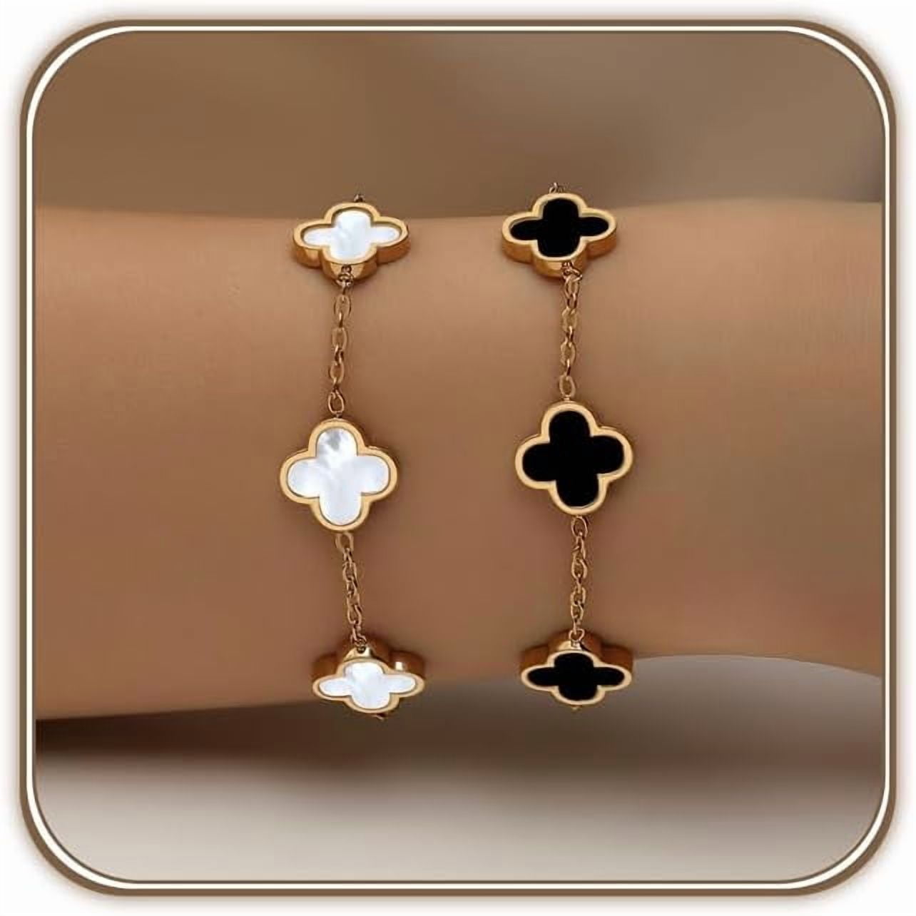 18K Gold Plated Clover Bracelet Set for Women White/Black/Gold/Silver/Green/Pink Adjustable Link Double-Sided Lucky Bracelets Trendy Bracelets Set Jewelry Gifts for Women Men