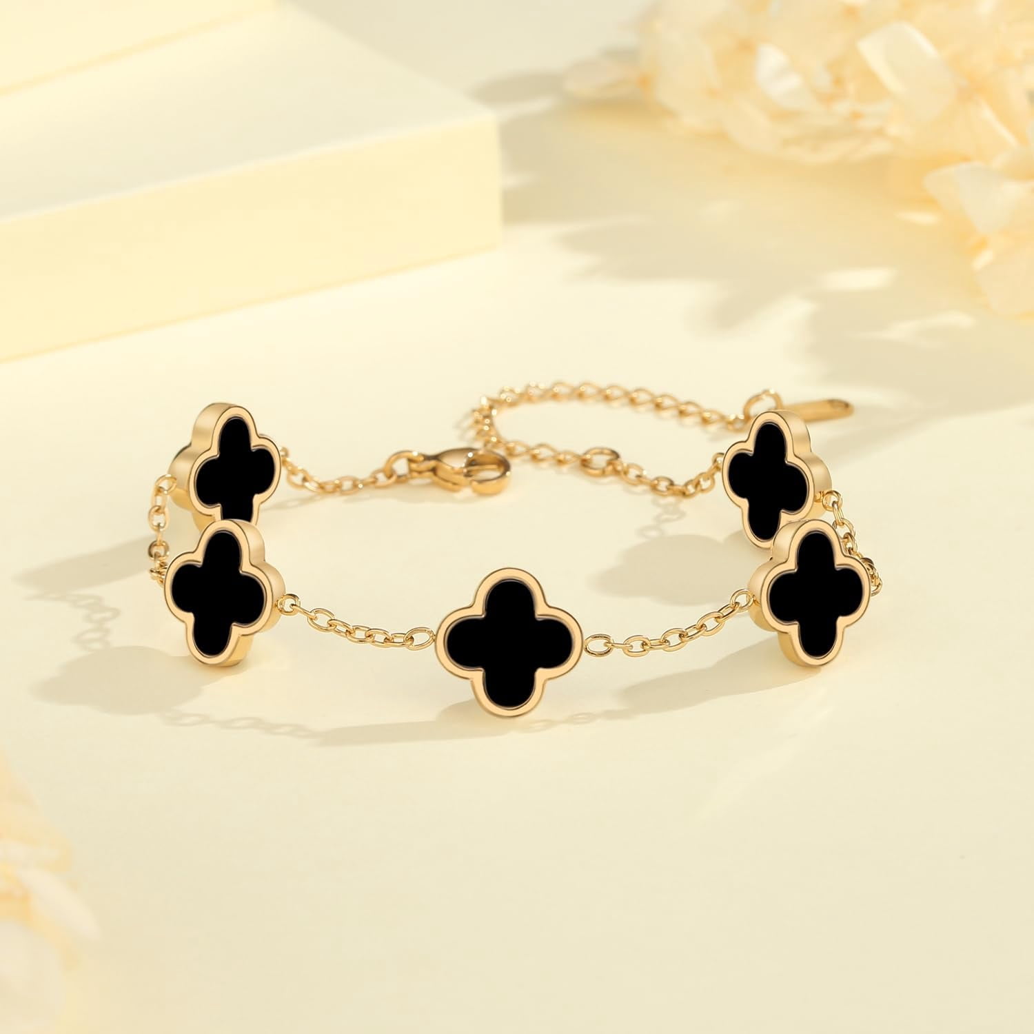 18K Gold Plated Clover Bracelet Set for Women White/Black/Gold/Silver/Green/Pink Adjustable Link Double-Sided Lucky Bracelets Trendy Bracelets Set Jewelry Gifts for Women Men - Image 5