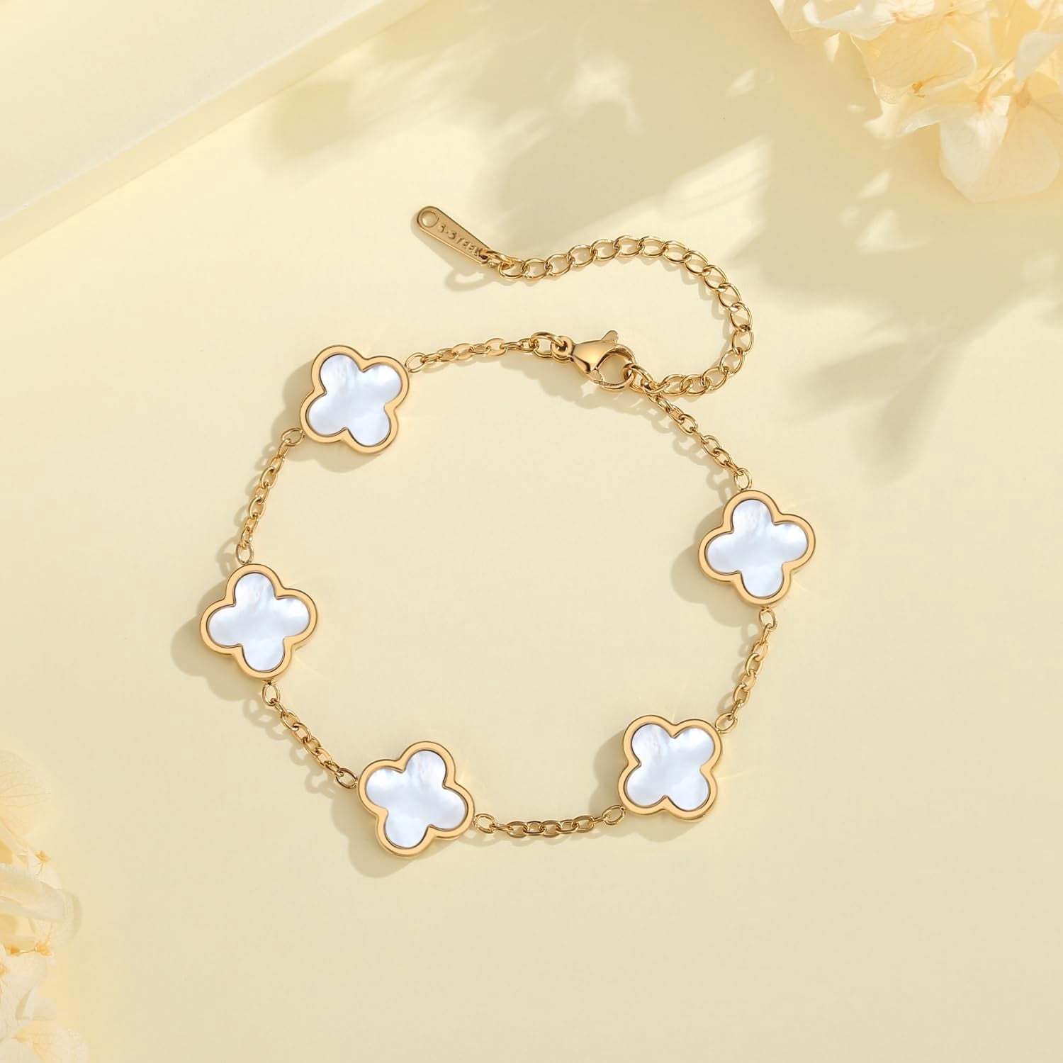 18K Gold Plated Clover Bracelet Set for Women White/Black/Gold/Silver/Green/Pink Adjustable Link Double-Sided Lucky Bracelets Trendy Bracelets Set Jewelry Gifts for Women Men - Image 4