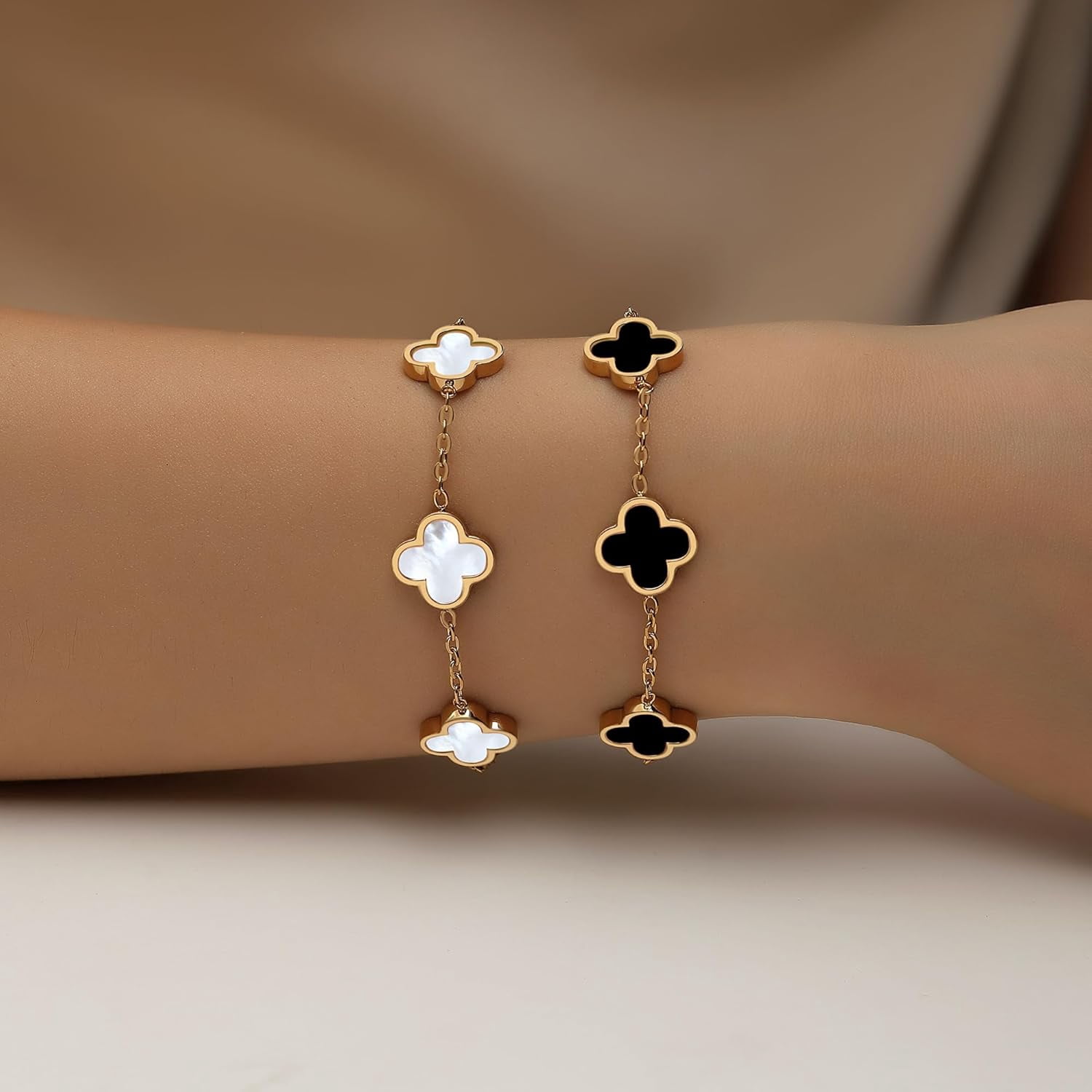 18K Gold Plated Clover Bracelet Set for Women White/Black/Gold/Silver/Green/Pink Adjustable Link Double-Sided Lucky Bracelets Trendy Bracelets Set Jewelry Gifts for Women Men - Image 2