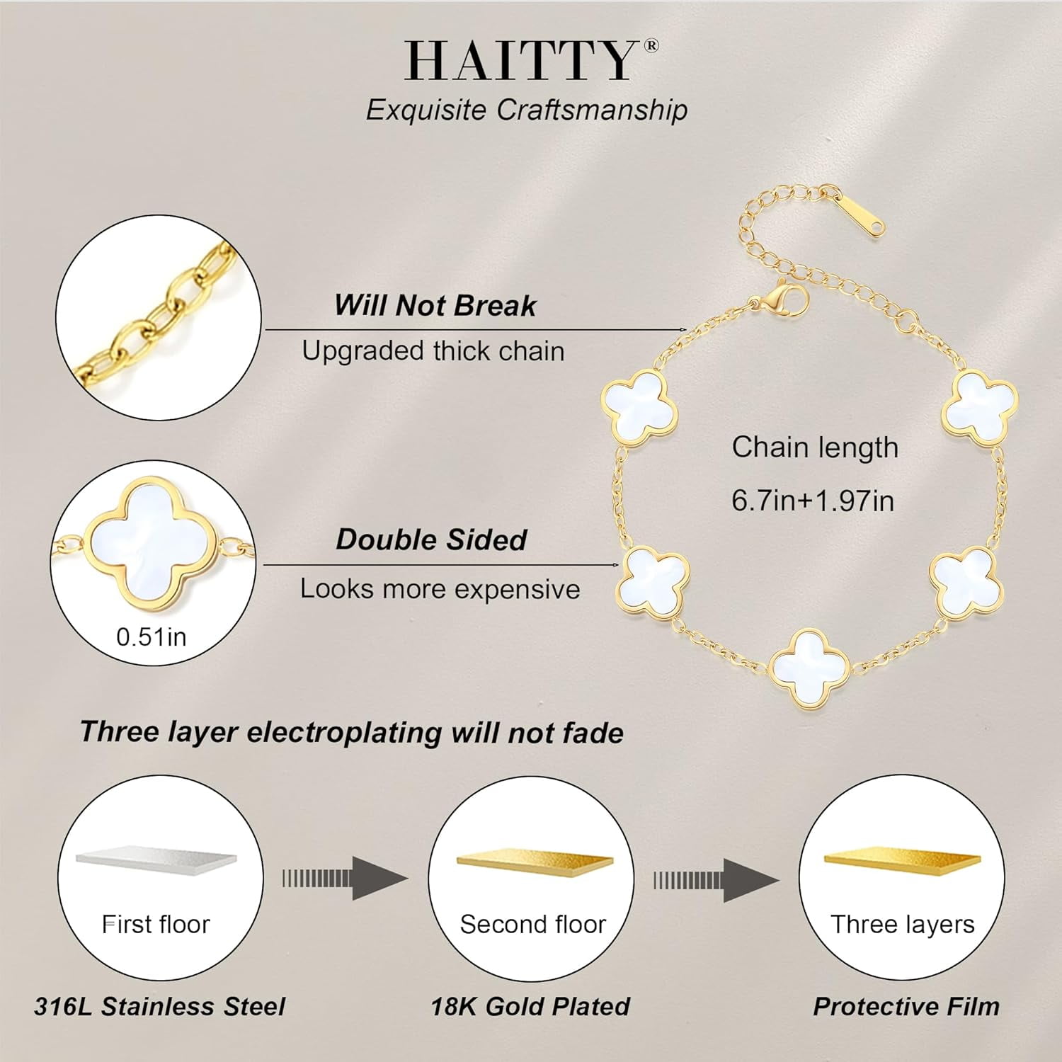 18K Gold Plated Clover Bracelet Set for Women White/Black/Gold/Silver/Green/Pink Adjustable Link Double-Sided Lucky Bracelets Trendy Bracelets Set Jewelry Gifts for Women Men - Image 3