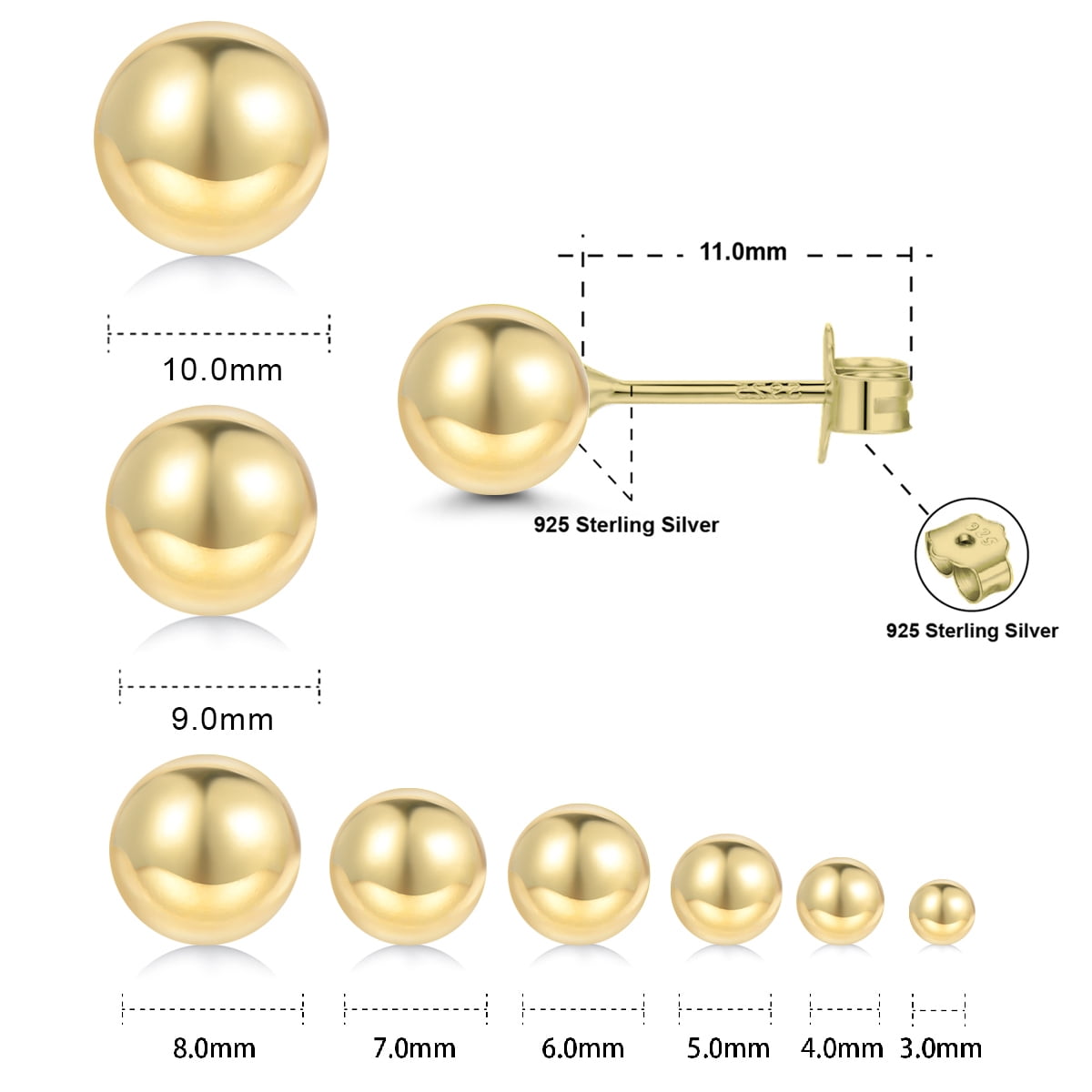 18K Gold Plated Sterling Silver Ball Stud Earrings, 5mm, Hypoallergenic Jewelry - Image 5