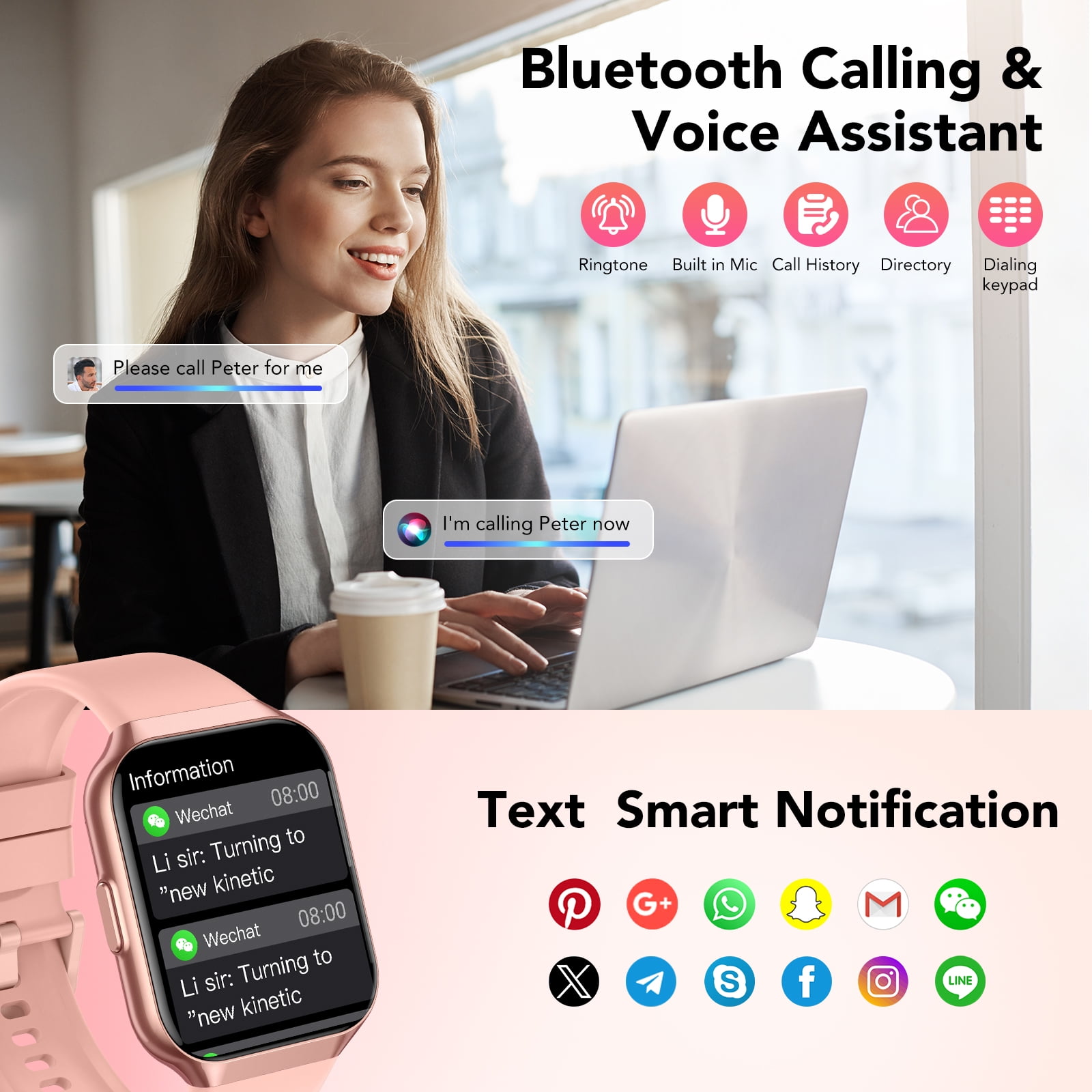 2026 NEW Smart Watch, 1.96''HD Screen SmartWatch for Men Women's, Answer/Make/Message, 100 Sports Modes, IP68 Waterproof Fitness Tracker Compatible with Android and iPhone, Holiday Gifts,Pink - Image 3