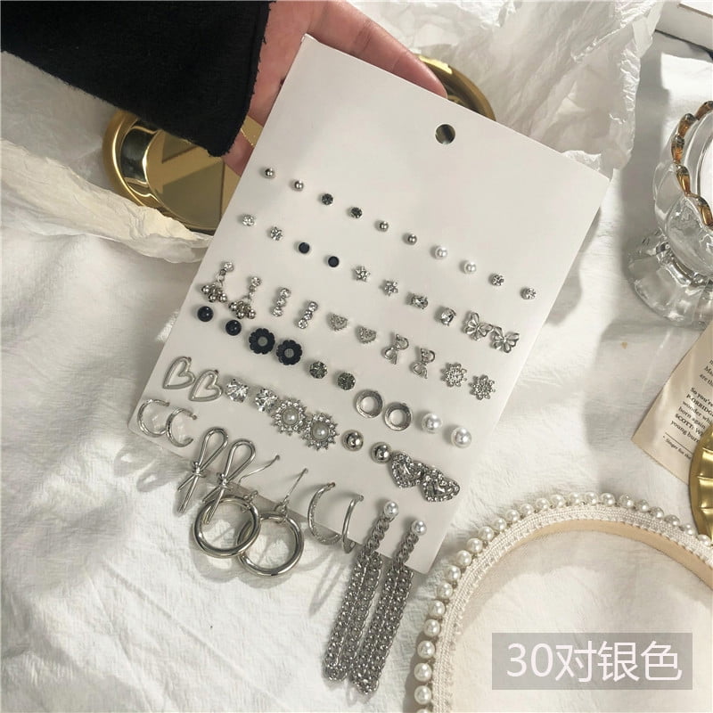 30 Pairs Stainless Steel Earrings Set for Women Men, Multi Style Stud Hoop Dangle Earrings, Plating Alloy Earrings Jewelry
