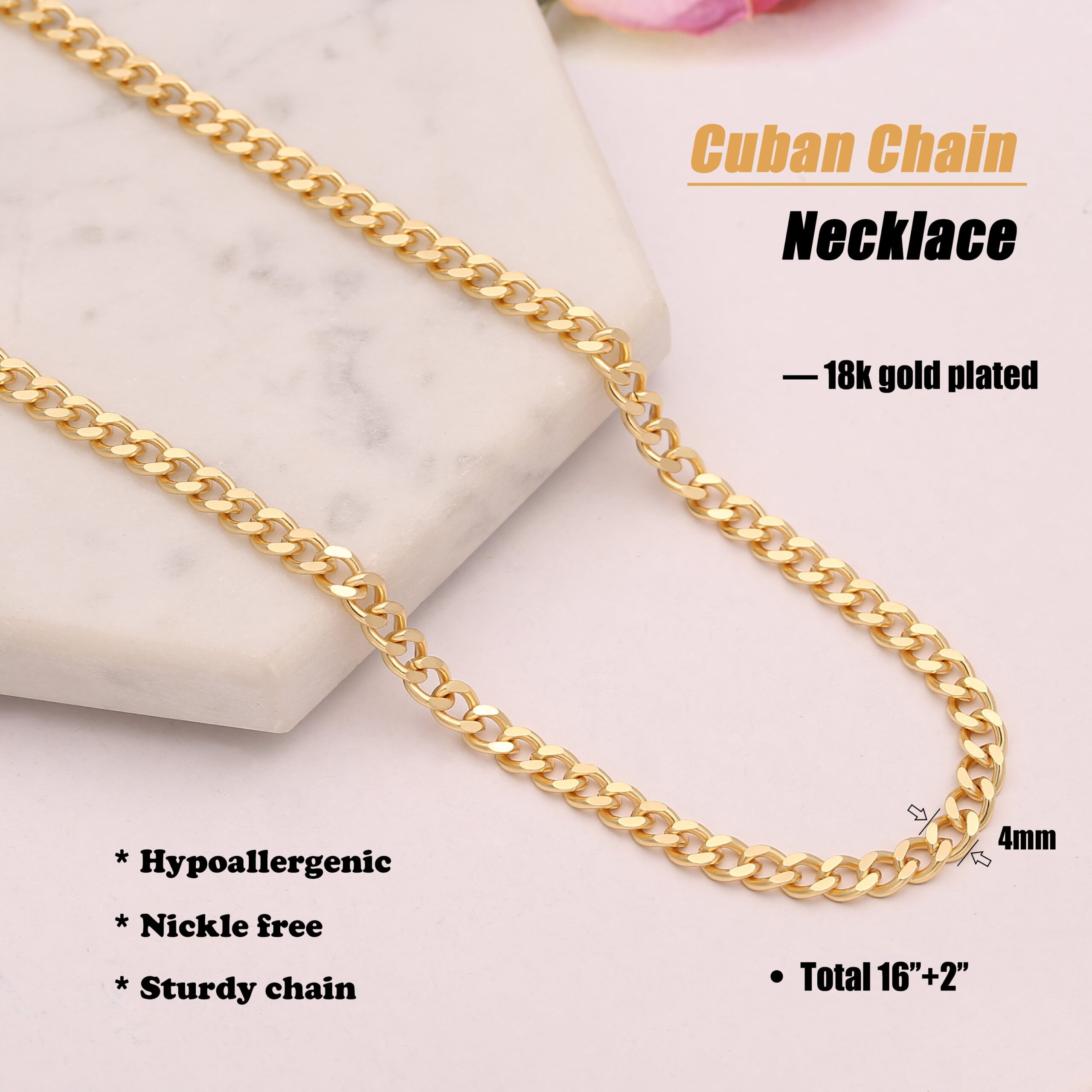 4mm Cuban Chain Link Necklace 18k Gold Plated Curb Chain Choker Minimalist Jewelry for Women Men 16’’ - Image 5