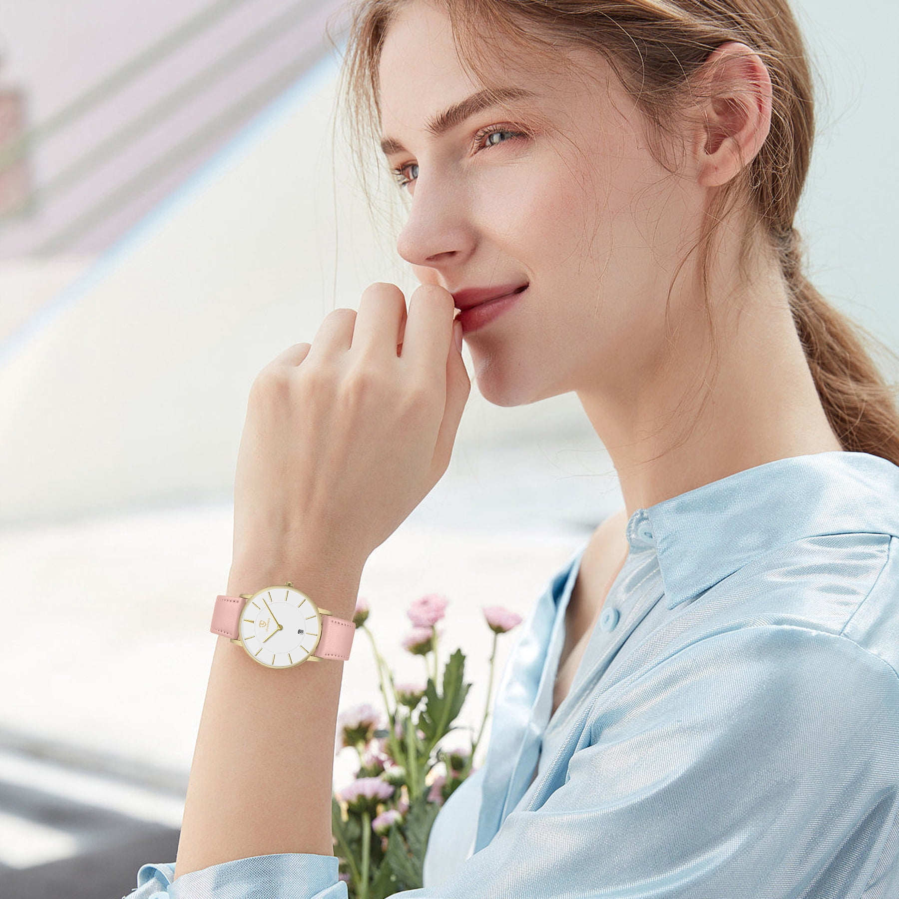 A ALPS Woman Watches Simple Watch for Woman Analog Ultra Thin Minimalist Wristwatches with Leather Strap Gifts for Women - Image 3
