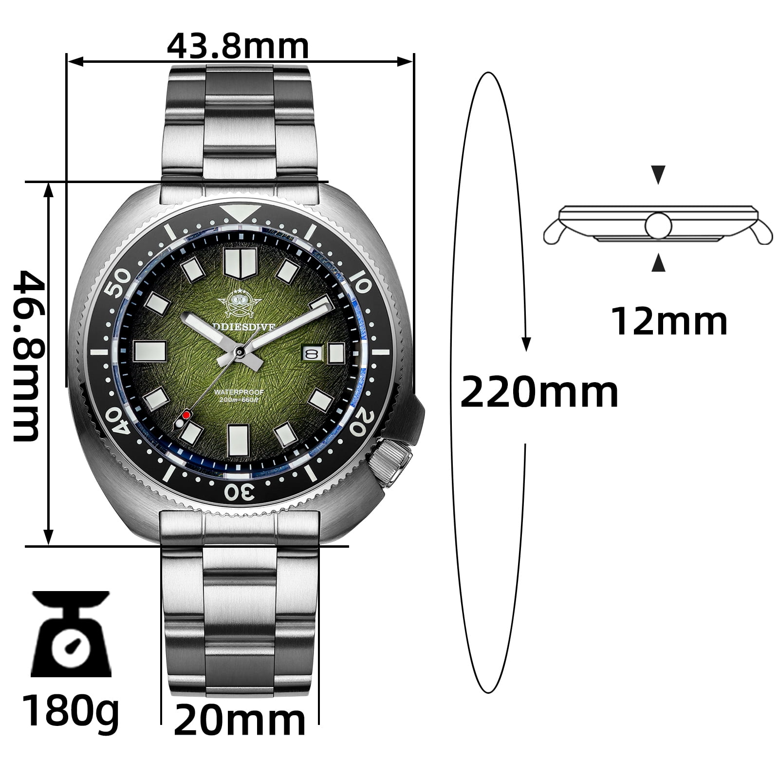 ADDIESDIVE AD2511 200M Diver Watch, 43.8mm Stainless Steel Ceramic Bezel Sapphire Glass Luminous Men's Wristwatch - Image 5