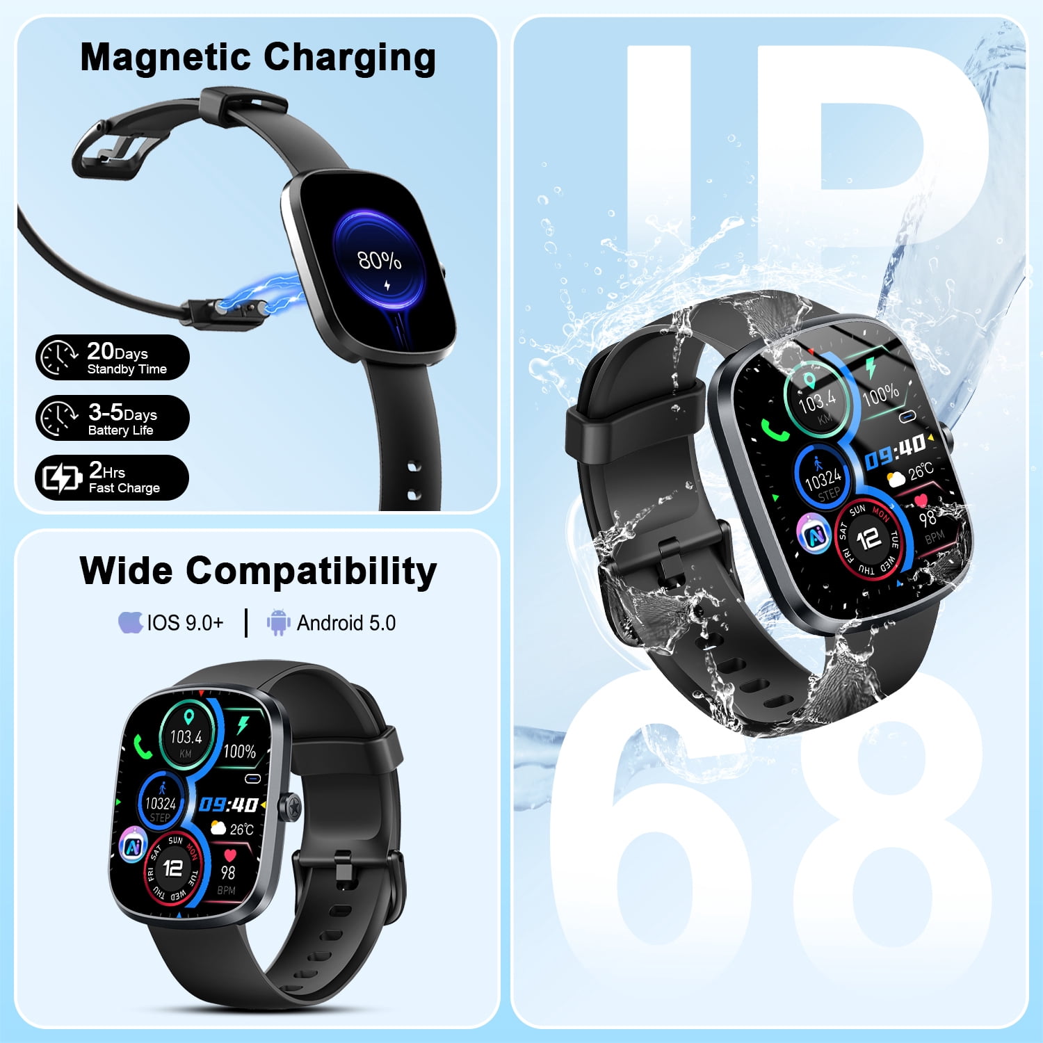 AI Smart Watch for Women Men 1.91" HD Touch Screen with Dual-Mode Smart Bluetooth Call and Voice Assistant 100+ Sport Modes IPX7 Waterproof Fitness Watch for Android/iPhone - Image 5