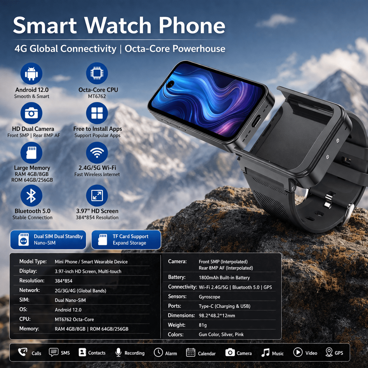 Android 12 Smart Watch with 3.97" HD Touchscreen, MT6762 8GB+256GB, App Support, Dual Camera - Image 4