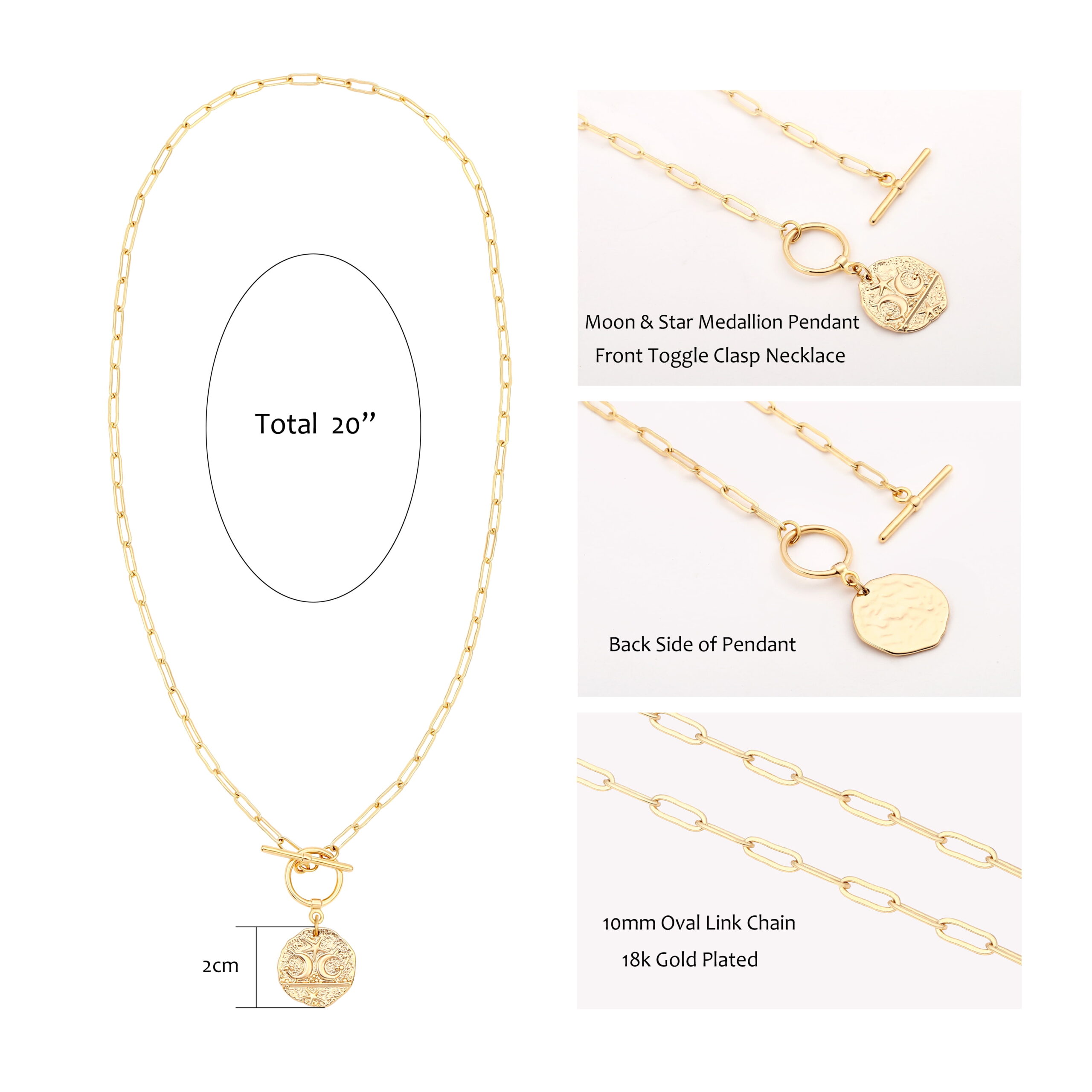 Aobei Pearl Moon and Star Medallion Pendant Necklace, Gold-Plated Oval Link Chain, 20 in, Celestial Charm Layering Jewelry - Image 2