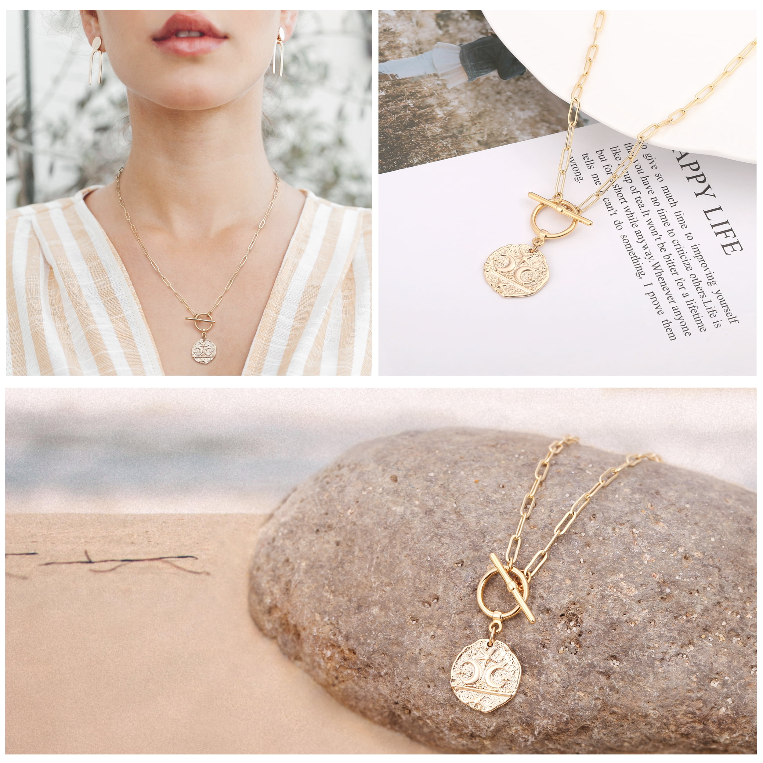 Aobei Pearl Moon and Star Medallion Pendant Necklace, Gold-Plated Oval Link Chain, 20 in, Celestial Charm Layering Jewelry - Image 3