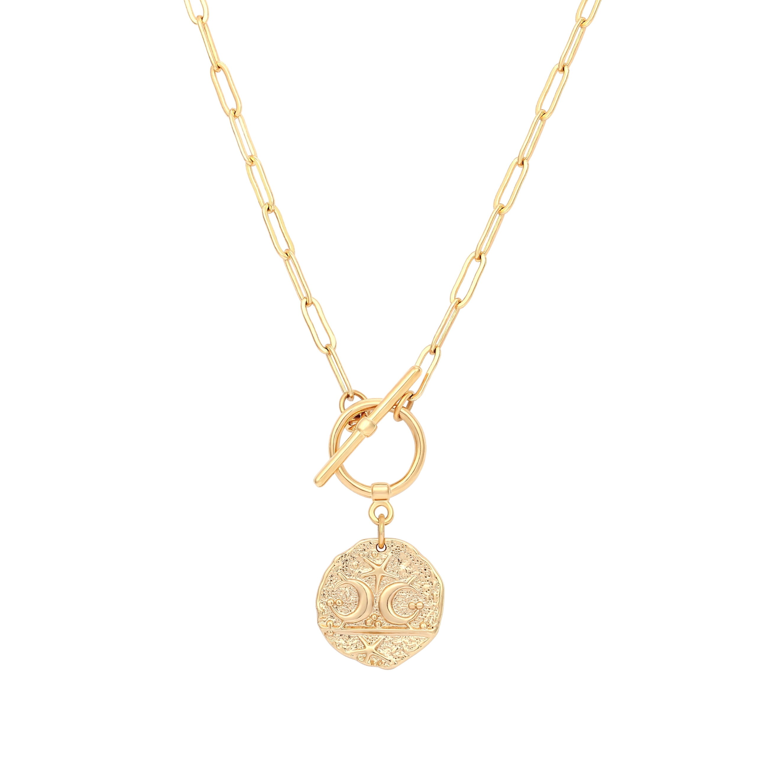 Aobei Pearl Moon and Star Medallion Pendant Necklace, Gold-Plated Oval Link Chain, 20 in, Celestial Charm Layering Jewelry