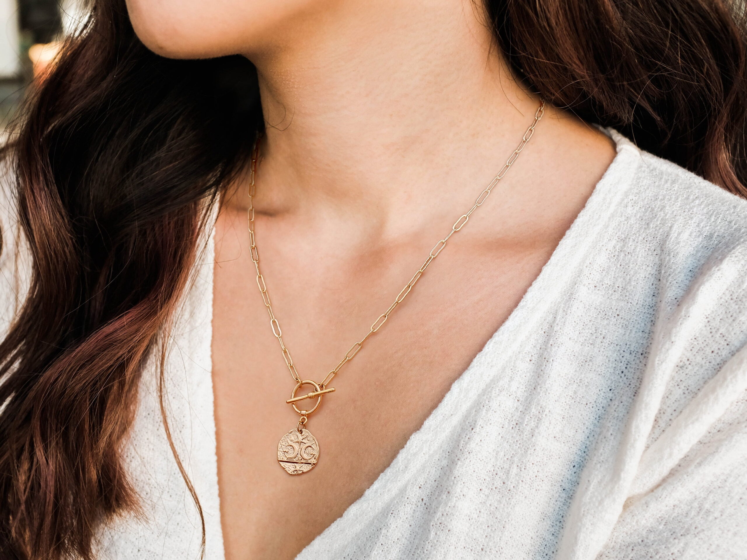 Aobei Pearl Moon and Star Medallion Pendant Necklace, Gold-Plated Oval Link Chain, 20 in, Celestial Charm Layering Jewelry - Image 4