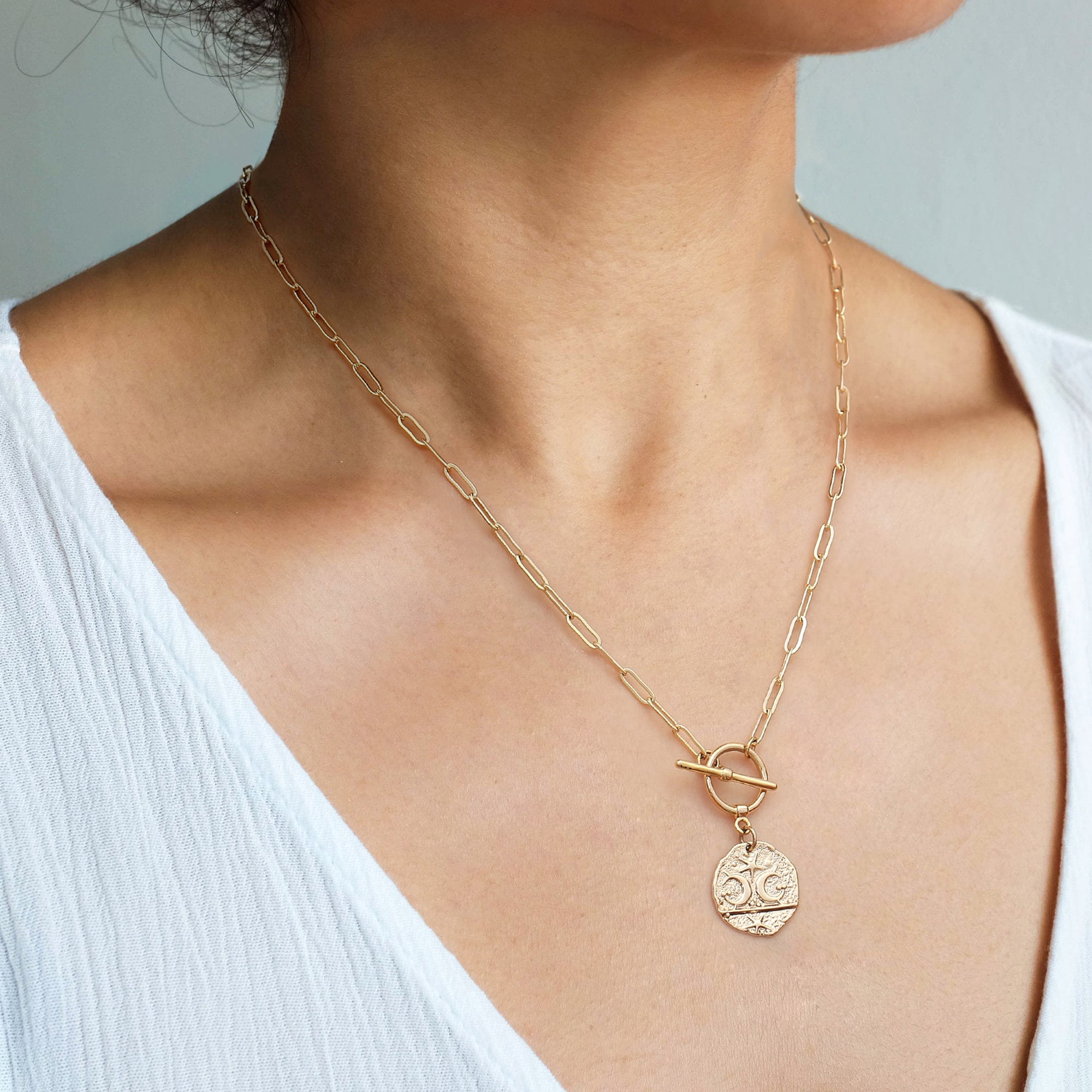 Aobei Pearl Moon and Star Medallion Pendant Necklace, Gold-Plated Oval Link Chain, 20 in, Celestial Charm Layering Jewelry - Image 5