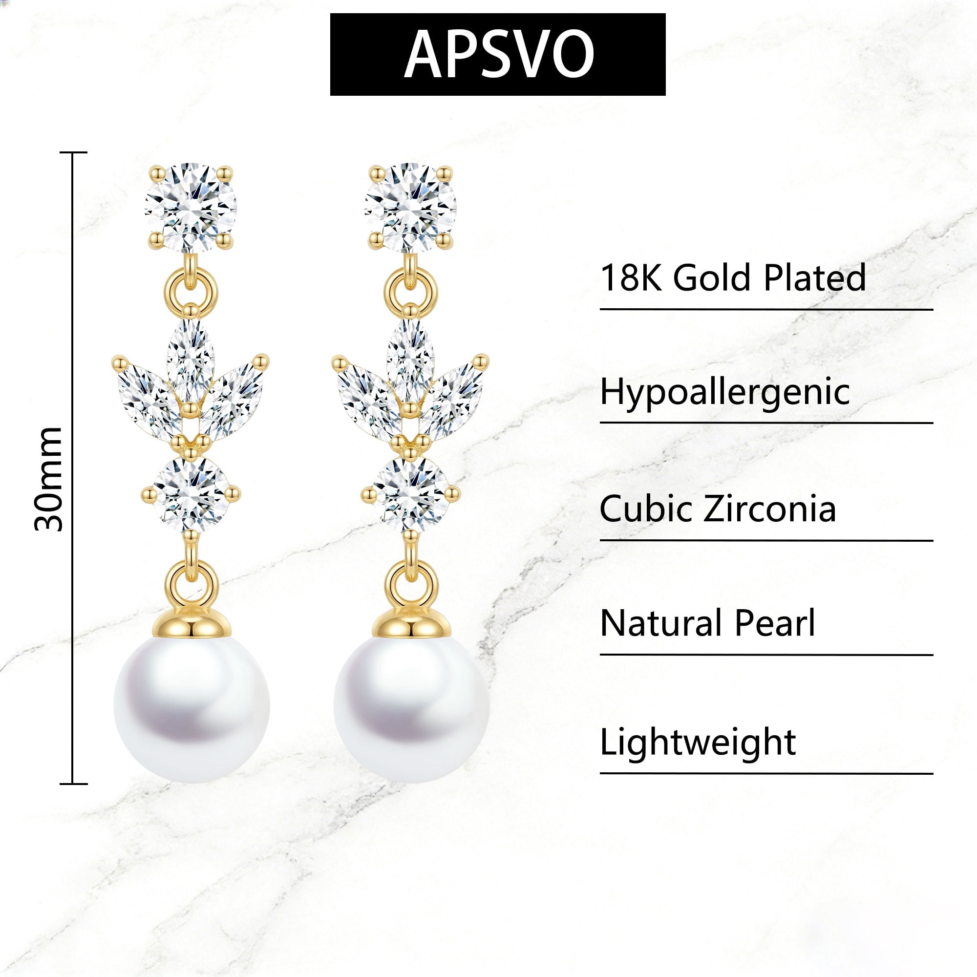 APSVO 18K Gold Plated Drop Earrings for Women Pearl CZ Lightweight Hypoallergenic Post Dangle Earrings Wedding Birthday Prom Graduation Jewelry Gifts Teen Mom Her Bride Bridesmaid Wife Adults Ideas - Image 5