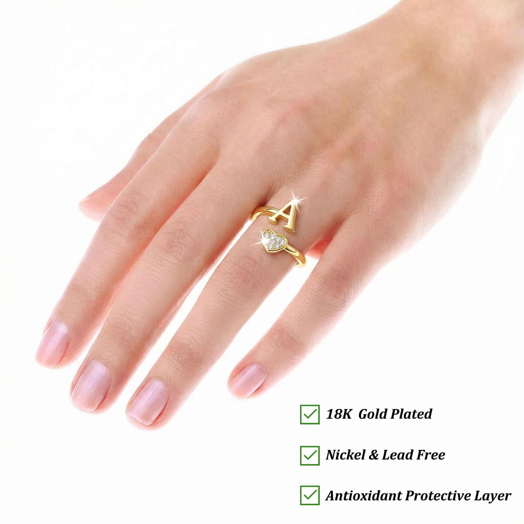 APSVO 18K Gold Plated Love Heart Initial Rings for Women Girls Stackable Non Tarnish Knuckle CZ Letter A Ring Wedding Birthday Graduation Mothers Day Jewelry Gifts Teen Mom Wife Her Kids Age Ideas - Image 2