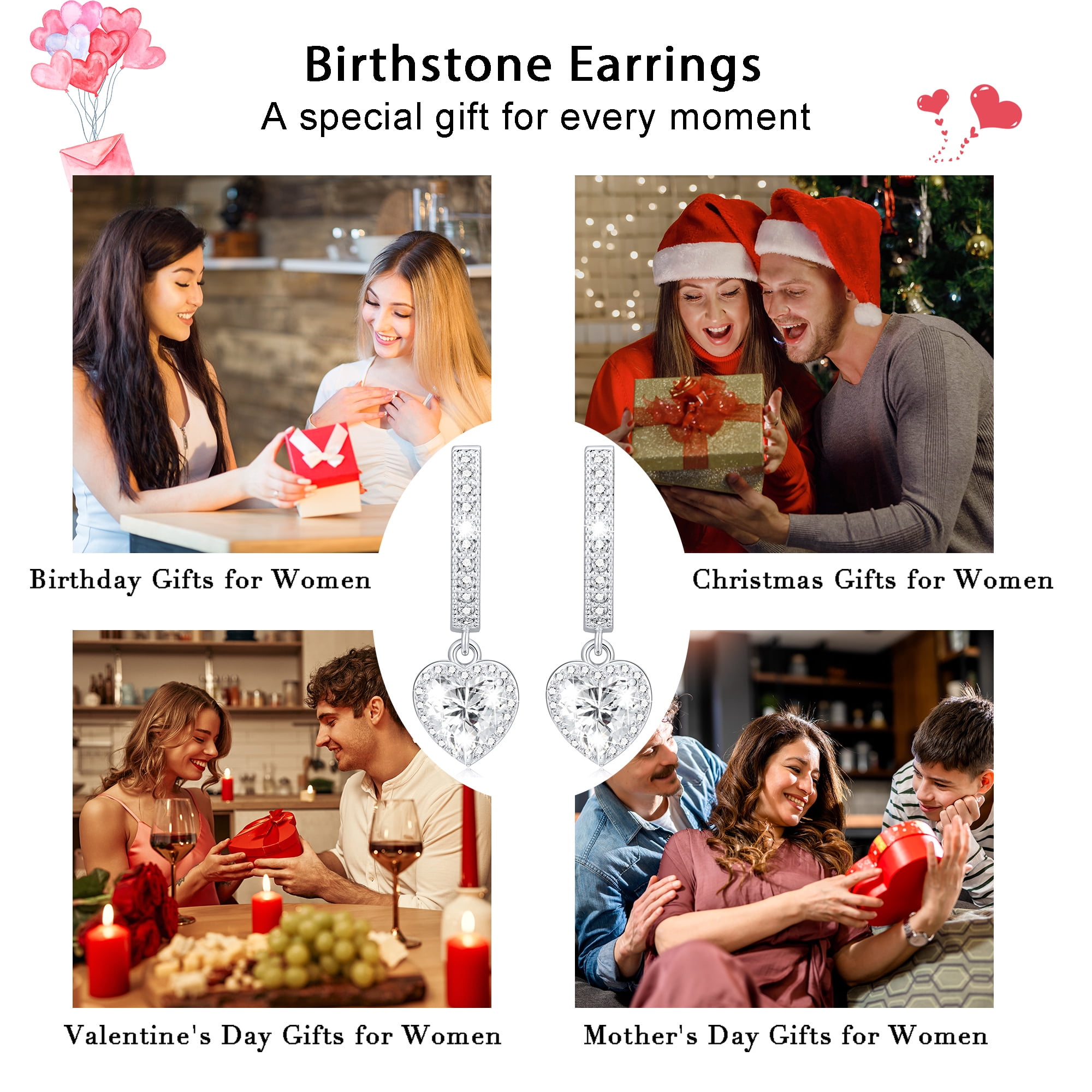 APSVO 18K White Gold Plated Love Heart Drop Earrings for Women Girls S925 Sterling Silver Post April Birthstone Earrings with CZ Birthday Graduation Jewelry Gifts Teen Her Mom Adults Kids Ideas - Image 3
