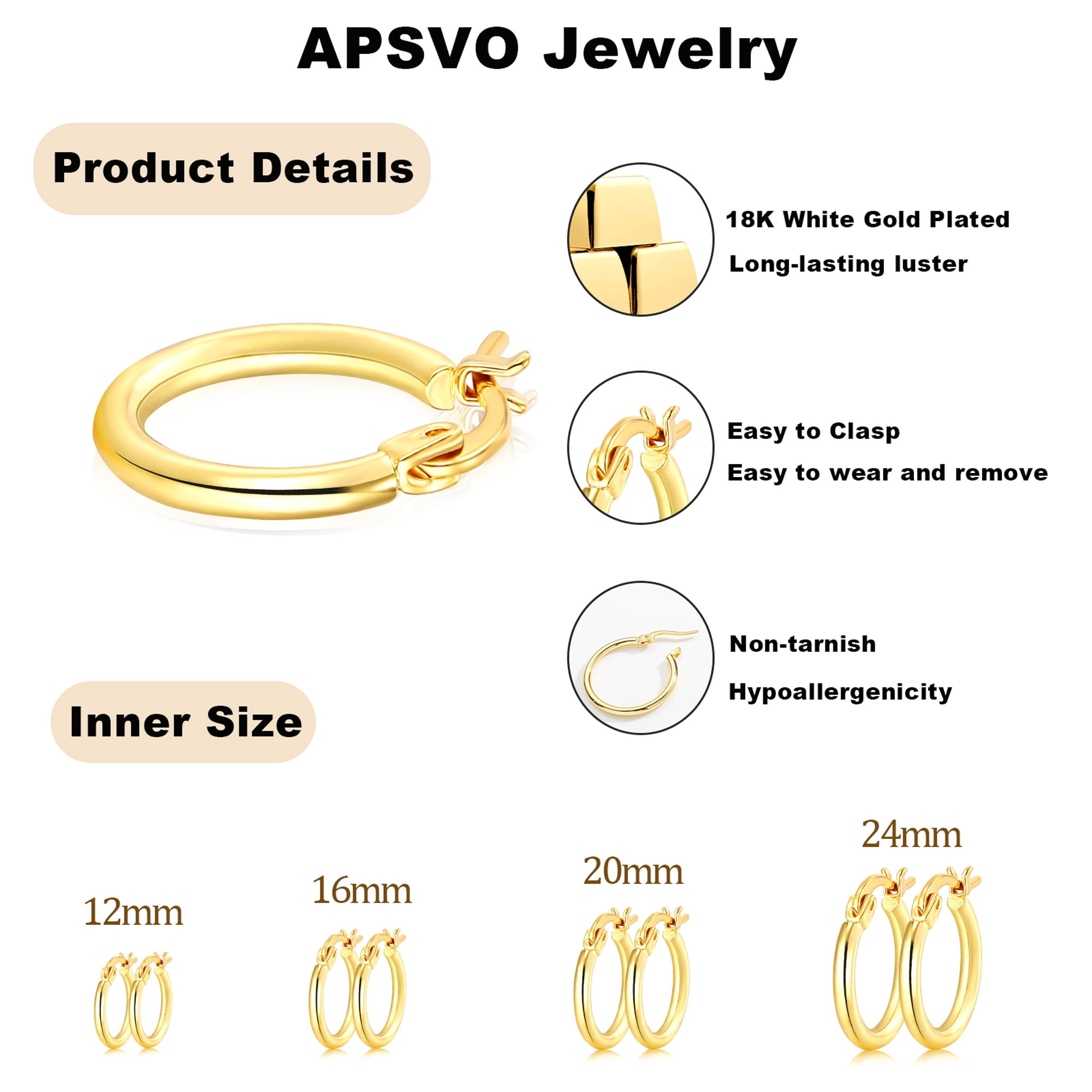 APSVO 4 Pairs 18K Gold Plated Hoop Earrings for Women Post Huggie Hypoallergenic Earrings Set for Multiple Piercing Birthday Graduation Jewelry Gifts Her Teen Mom Wife Ideas 12/16/20/24MM - Image 5