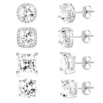APSVO 4 Pairs 18K White Gold Plated Halo Stud Earrings for Women Men CZ Hypoallergenic S925 Sterling Silver Post Earrings Set Birthday Graduation Jewelry Gifts Mom Her Him Teen Wife Adult