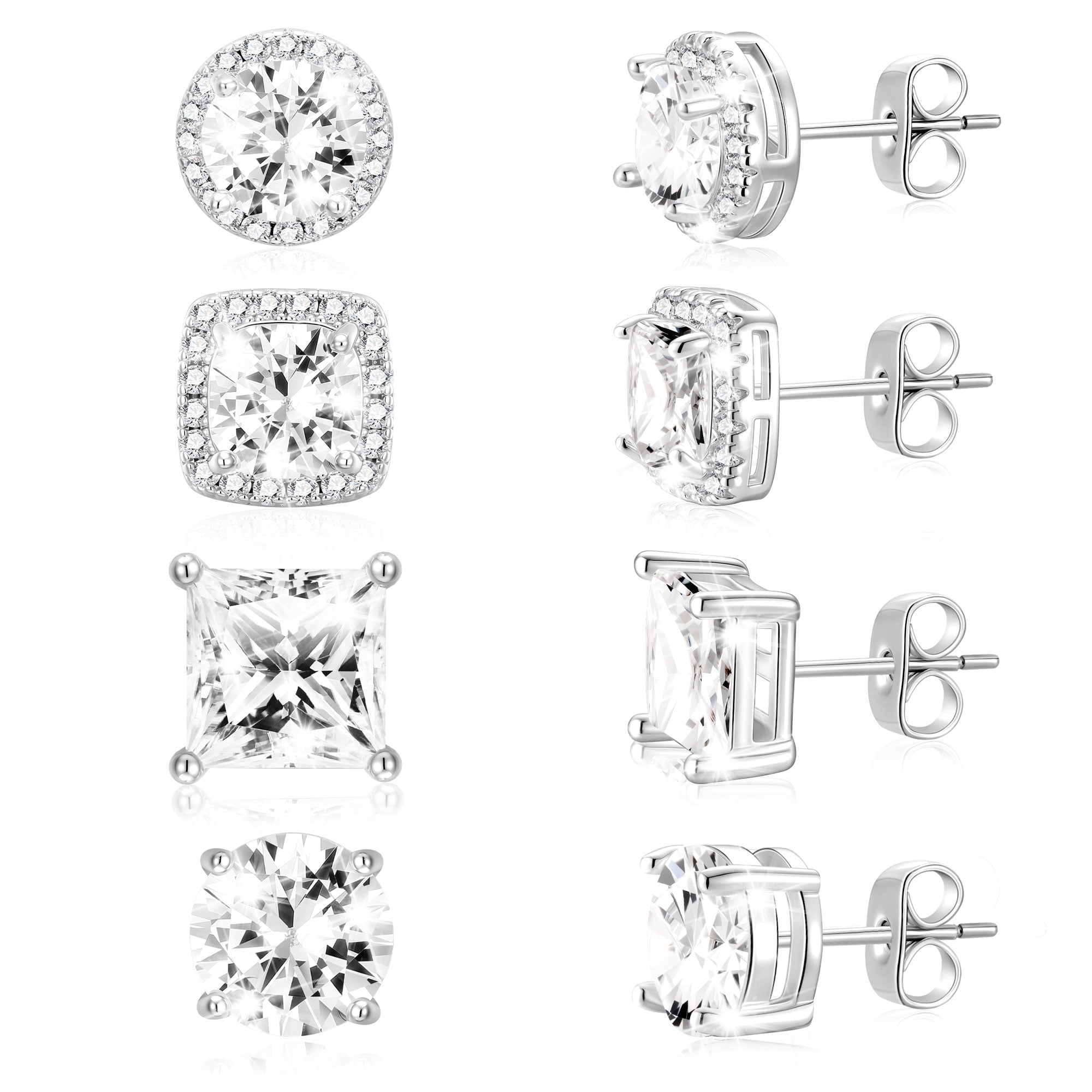 APSVO 4 Pairs 18K White Gold Plated Halo Stud Earrings for Women Men CZ Hypoallergenic S925 Sterling Silver Post Earrings Set Birthday Graduation Jewelry Gifts Mom Her Him Teen Wife Adult