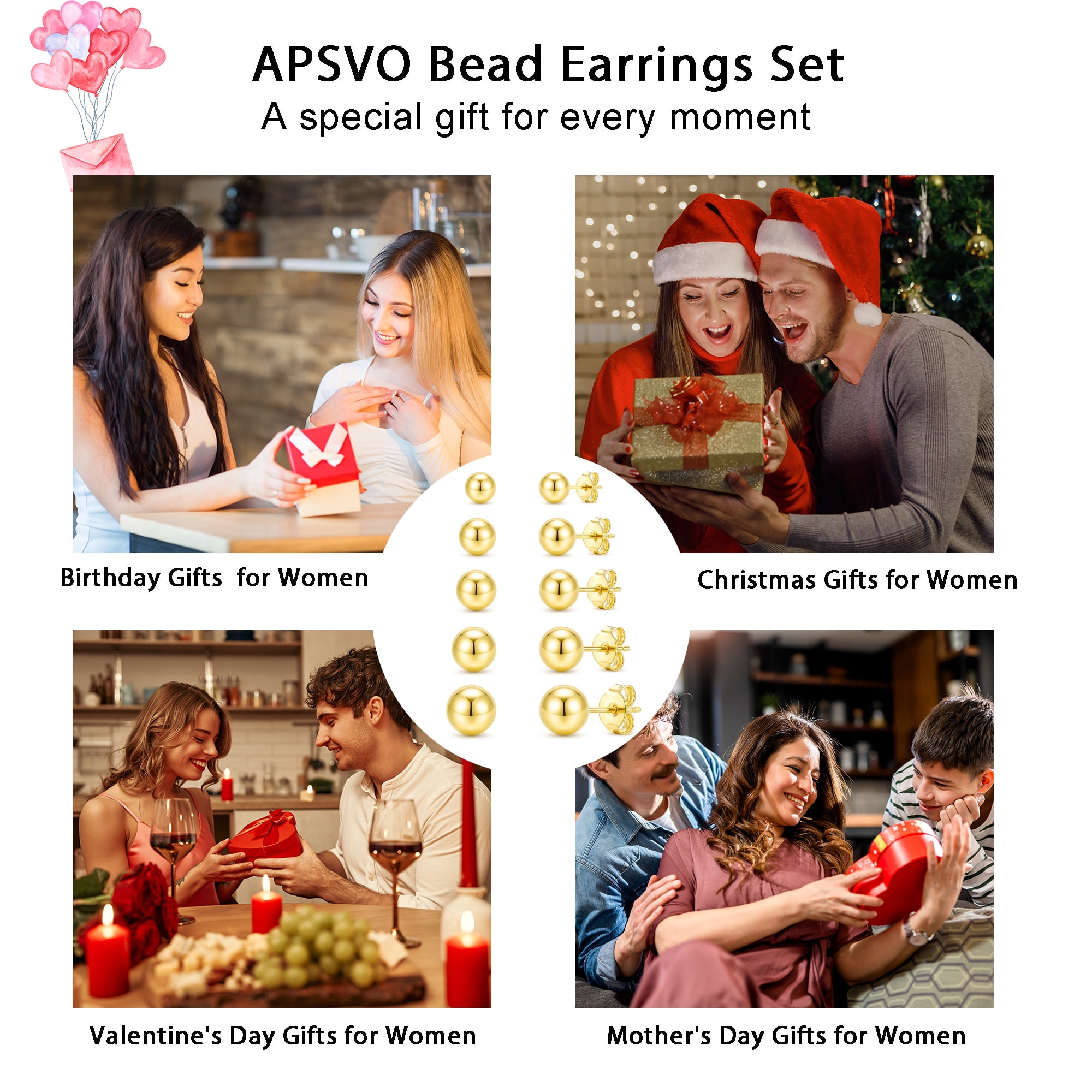 APSVO 5 Pairs 18K Gold Plated Ball Stud Earrings for Women Teen Girls Small Hypoallergenic Post Earrings Set Birthday Jewelry Gifts - Image 5