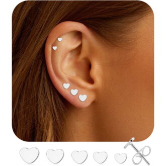 APSVO 5 Pairs 18K White Gold Plated Love Heart Stud Earrings for Women Hypoallergenic Small S925 Sterling Silver Post Earring Sets Birthday Graduation Jewelry Gifts Teen Her Mom Ideas