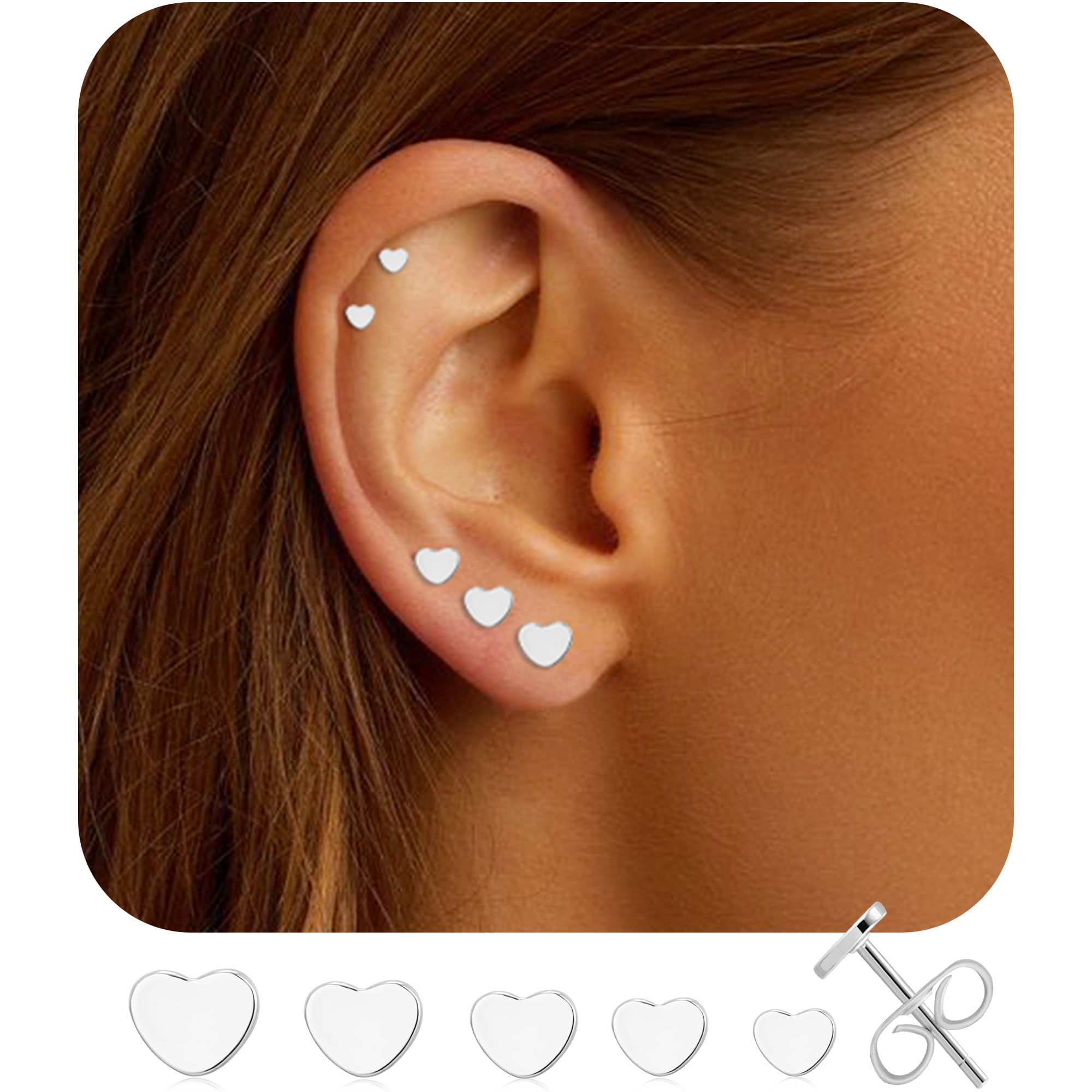 APSVO 5 Pairs 18K White Gold Plated Love Heart Stud Earrings for Women Hypoallergenic Small S925 Sterling Silver Post Earring Sets Birthday Graduation Jewelry Gifts Teen Her Mom Ideas