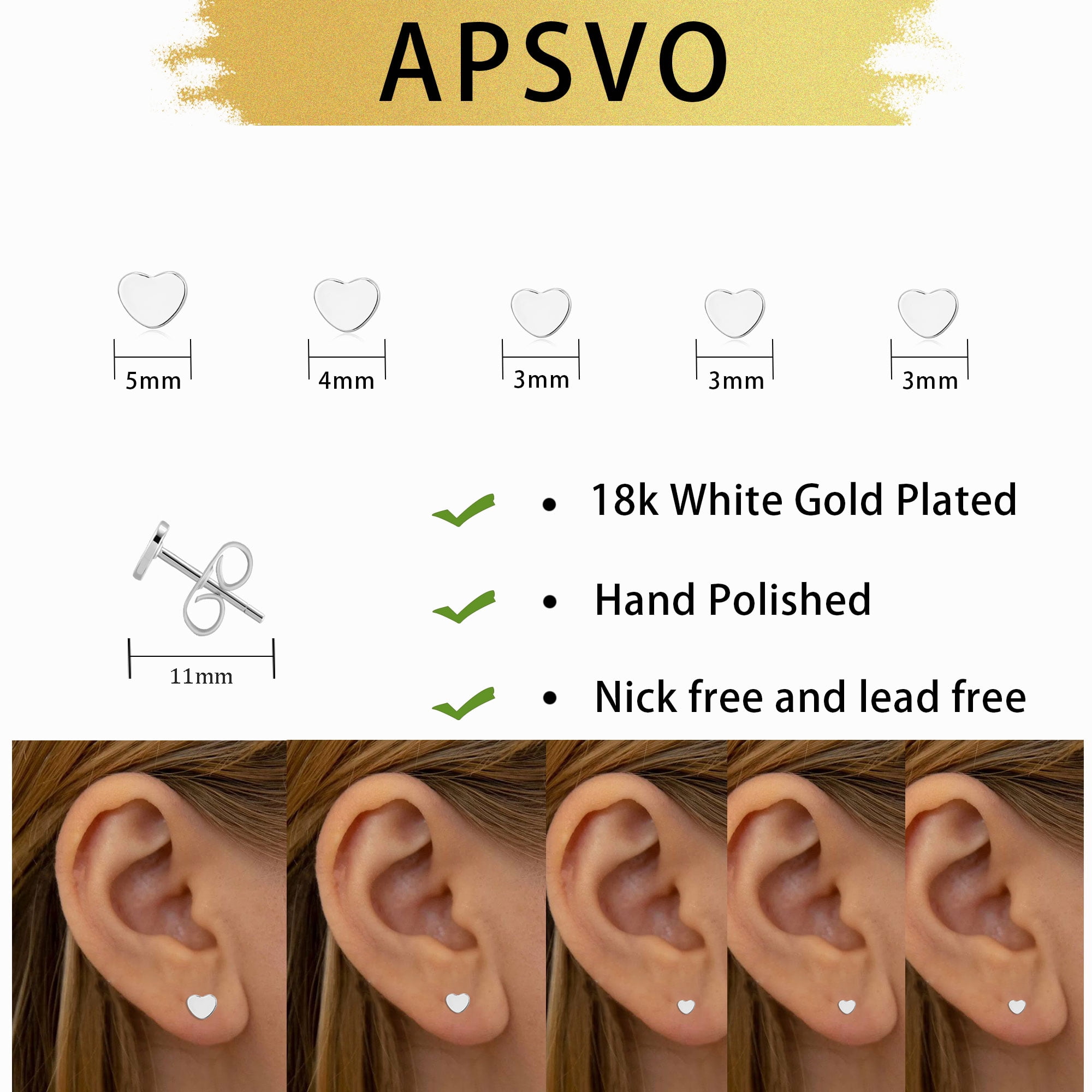 APSVO 5 Pairs 18K White Gold Plated Love Heart Stud Earrings for Women Hypoallergenic Small S925 Sterling Silver Post Earring Sets Birthday Graduation Jewelry Gifts Teen Her Mom Ideas - Image 5