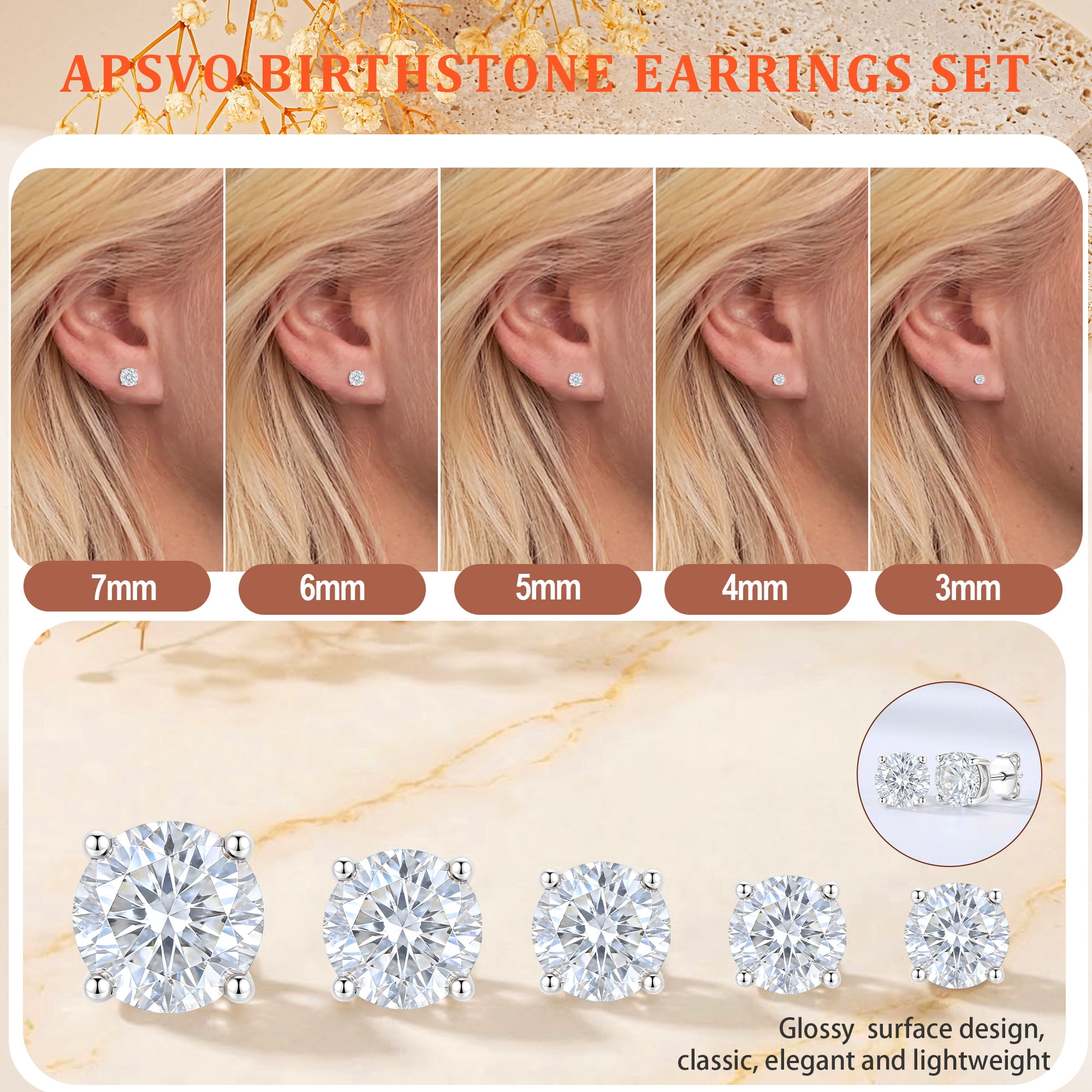 APSVO 5 Pairs 18K White Gold Plated Stud Earrings for Women S925 Sterling Silver Post April Birthstone Earrings Set with CZ Crystal Birthday Mother's Day Jewelry Gifts Mom Wife Age Ideas - Image 3