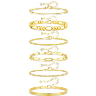 APSVO 6 Pcs 18K Gold Plated Bracelets for Women Box Satellite Figaro Paperclip Herringbone Rope Stackable Bracelet Set Birthday Graduation Mothers Day Jewelry Gifts Teen Her Mom Wife Ideas