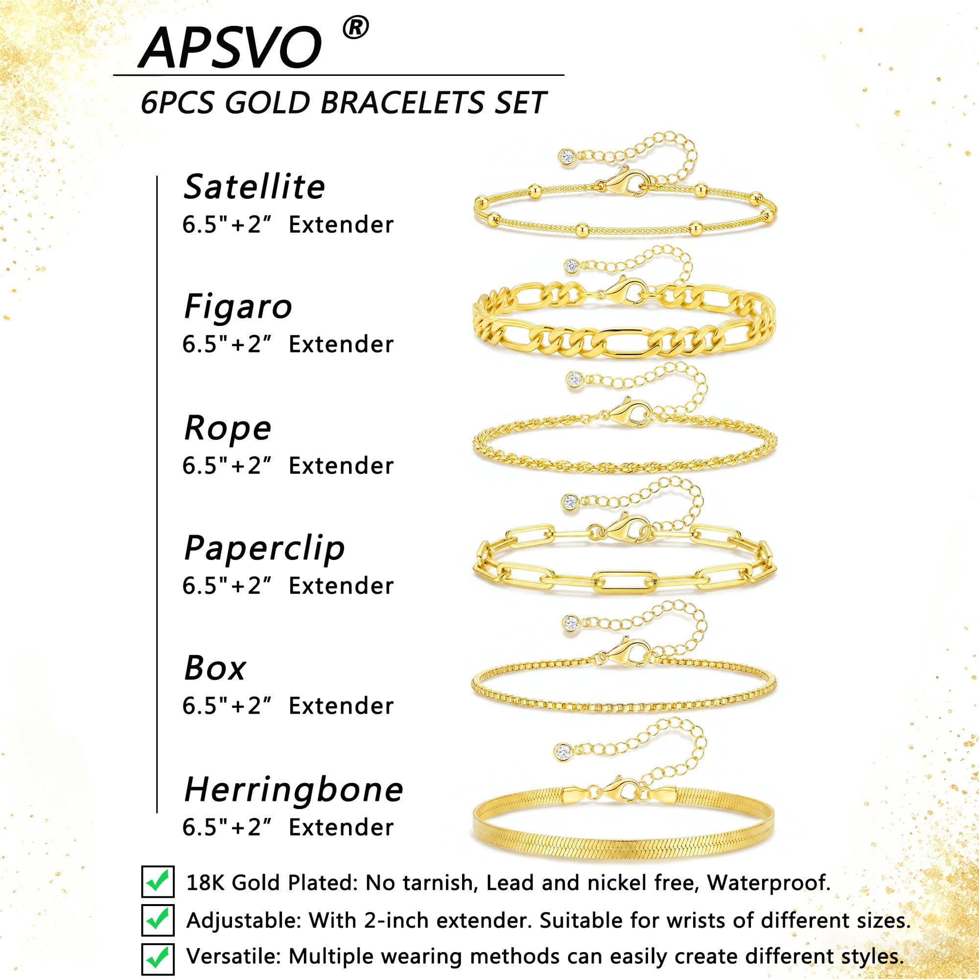 APSVO 6 Pcs 18K Gold Plated Bracelets for Women Box Satellite Figaro Paperclip Herringbone Rope Stackable Bracelet Set Birthday Graduation Mothers Day Jewelry Gifts Teen Her Mom Wife Ideas - Image 5