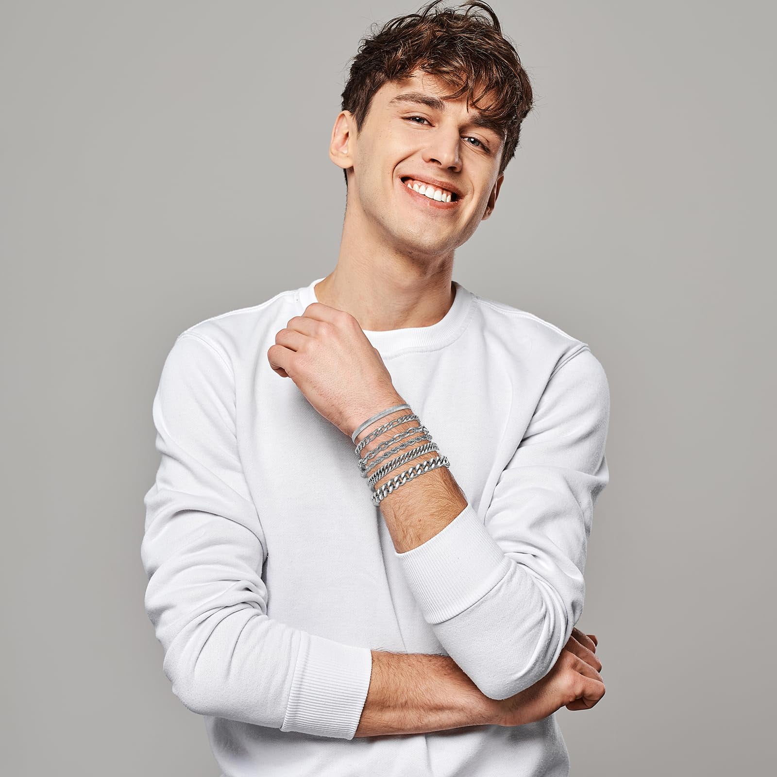 APSVO 6 Pcs Silver Bracelets for Men Boys Women Stainless Steel Cuban Rope Paperclip Figaro Chain Bracelets Set Birthday Graduation Fathers Day Jewelry Gifts Teen Him Dad Kids 6.5/7/7.5/8.3/9 Inch - Image 4