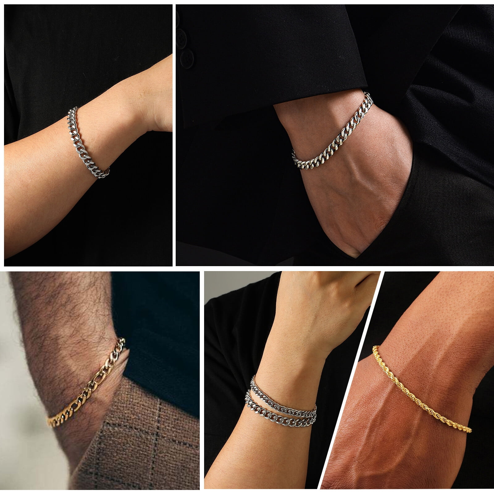 APSVO 6 Pcs Silver Bracelets for Men Boys Women Stainless Steel Cuban Rope Paperclip Figaro Chain Bracelets Set Birthday Graduation Fathers Day Jewelry Gifts Teen Him Dad Kids 6.5/7/7.5/8.3/9 Inch - Image 2