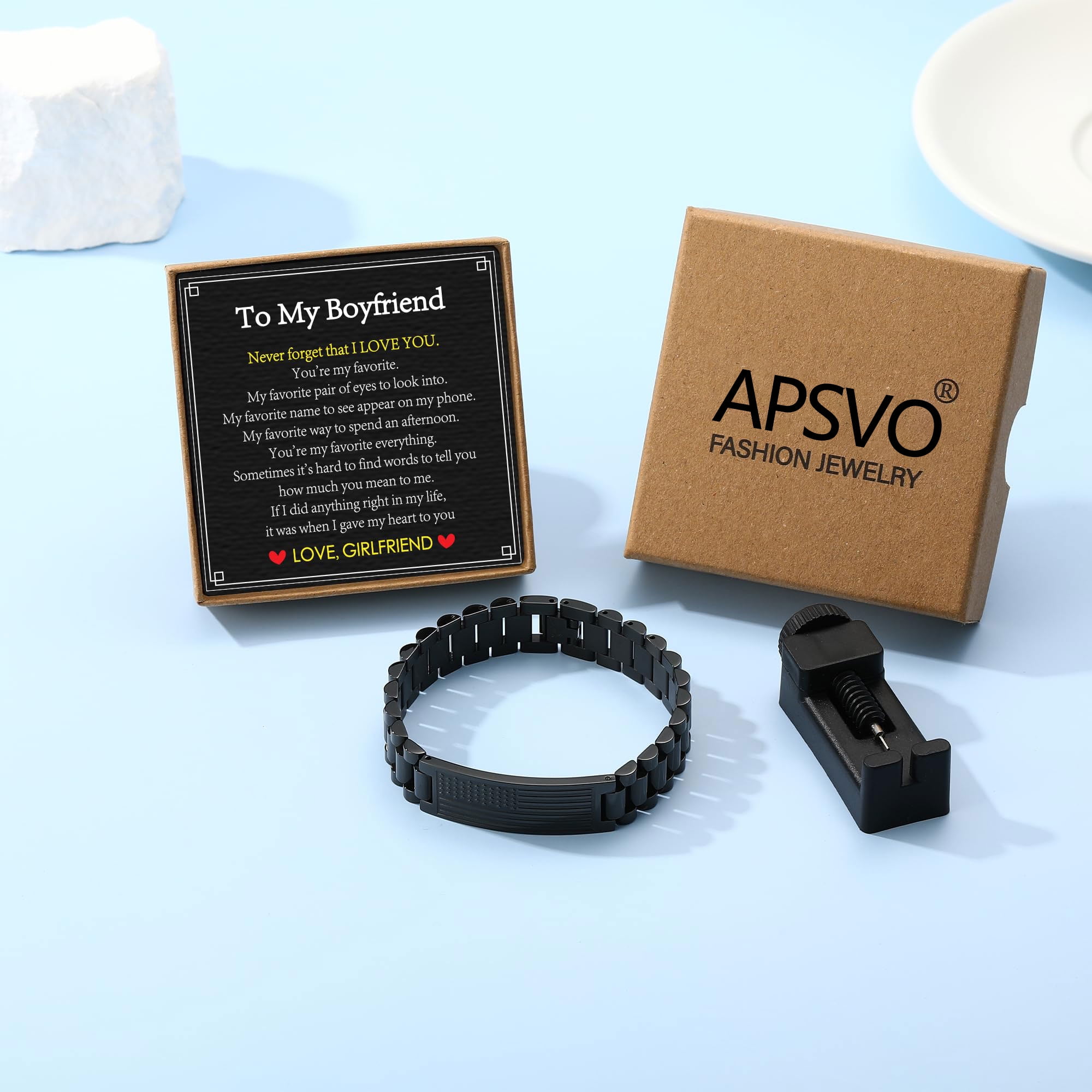 APSVO Black American Flag Watch Link Bracelets for Men Boys to My Son Gifts from Mom Birthday Graduation Fathers Day Jewelry Gifts Teen Tween Preteen Son Teenage Adults Kids Age - Image 4