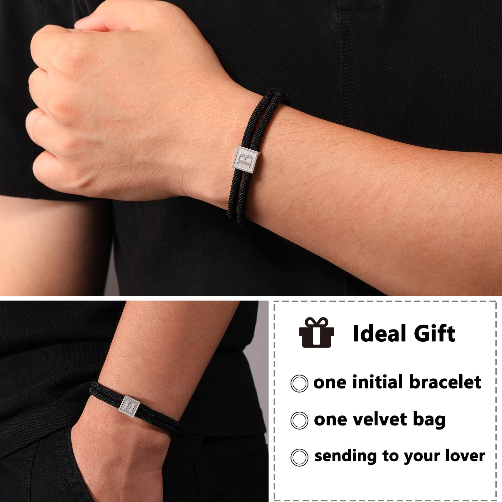 APSVO Black Rope Initial Bracelets for Men Boys Braided Stainless Steel Letter M Charm Bracelet Birthday Graduation Fathers Day Jewelry Gifts Teen Him Dad Boyfriend Male Teenage Son Adults Kids Age - Image 5