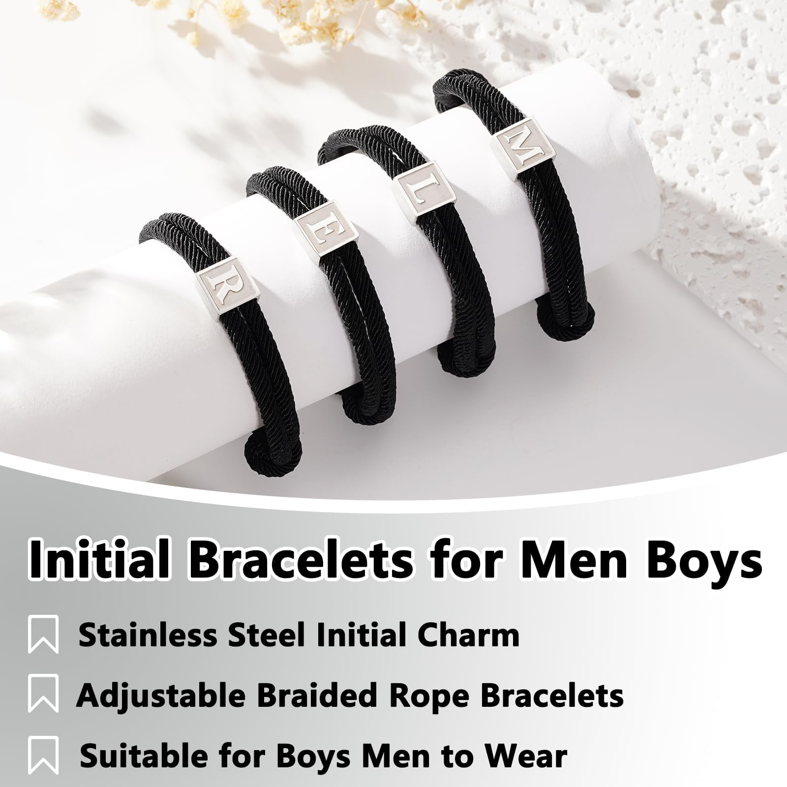 APSVO Black Rope Initial Bracelets for Men Boys Braided Stainless Steel Letter M Charm Bracelet Birthday Graduation Fathers Day Jewelry Gifts Teen Him Dad Boyfriend Male Teenage Son Adults Kids Age - Image 2