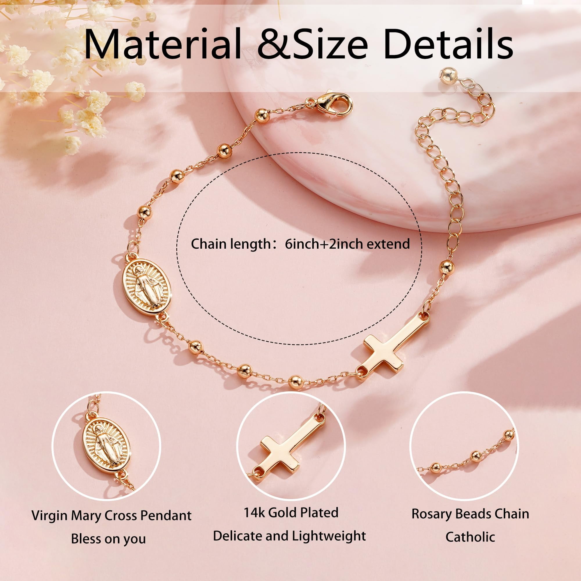 APSVO Catholic Confirmation Gifts for Teen Girls Kids Daughter Granddaughter Gold Rosary Beads Virgin Mary Cross Charm Bracelet Accessories Christian Religious Jewelry Gifts for Teenage Girls Age - Image 3