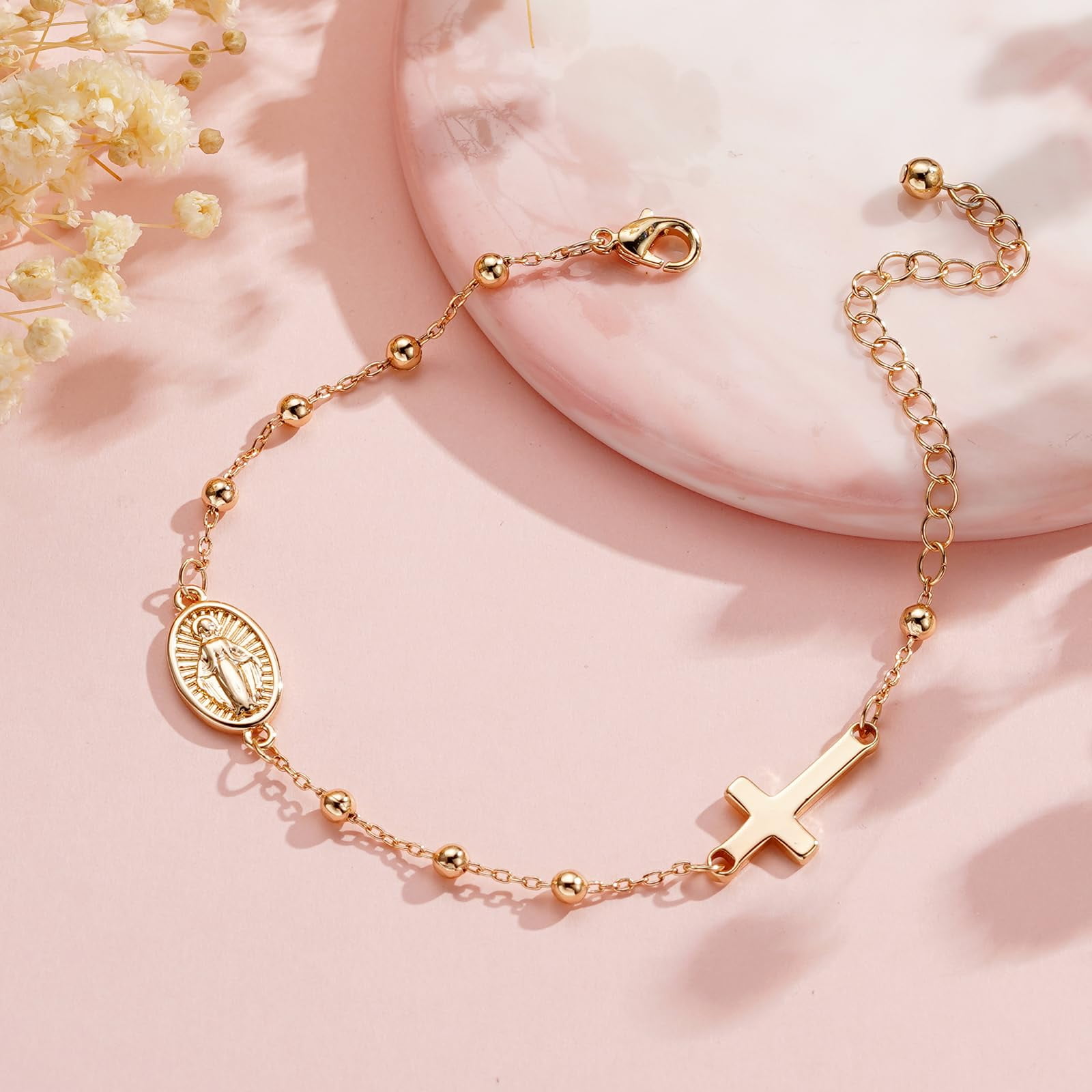 APSVO Catholic Confirmation Gifts for Teen Girls Kids Daughter Granddaughter Gold Rosary Beads Virgin Mary Cross Charm Bracelet Accessories Christian Religious Jewelry Gifts for Teenage Girls Age - Image 5