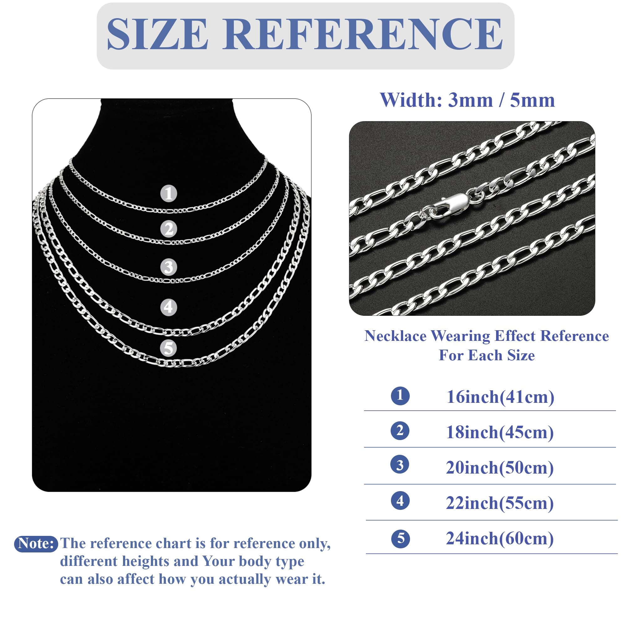 APSVO S925 Sterling Silver Plated Chains for Women Men Boys 3mm/5mm Figaro Curb Link Necklace Birthday Graduation Fathers Day Jewelry Gifts Teen Him Dad Husband Her Girls Kids Age 16/18/20/22/24 Inch - Image 4