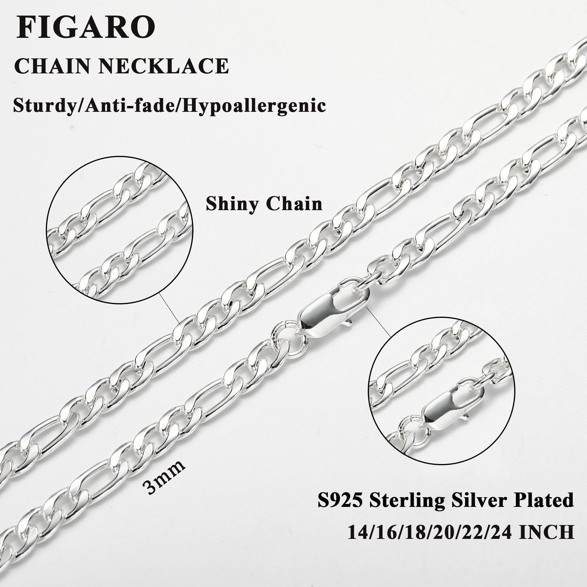 APSVO S925 Sterling Silver Plated Chains for Women Men Boys 3mm/5mm Figaro Curb Link Necklace Birthday Graduation Fathers Day Jewelry Gifts Teen Him Dad Husband Her Girls Kids Age 16/18/20/22/24 Inch - Image 2