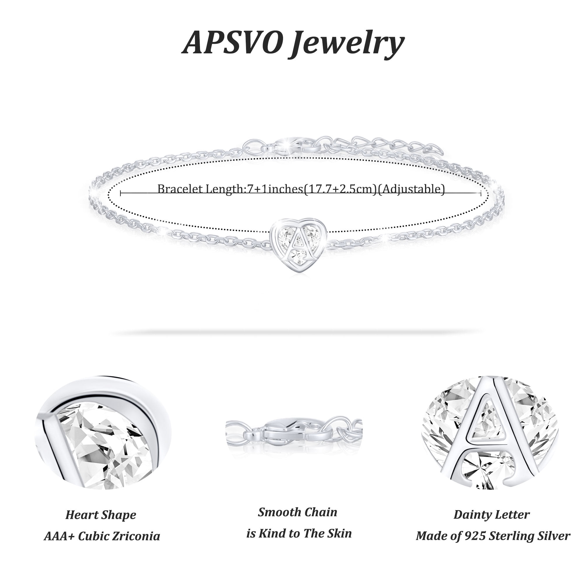 APSVO S925 Sterling Silver Plated Love Heart Initial Bracelets for Women Girls CZ Letter A Bracelet Birthday Graduation Jewelry Gifts Teen Her Mom Wife Lady Adults Kids Age Ideas - Image 4