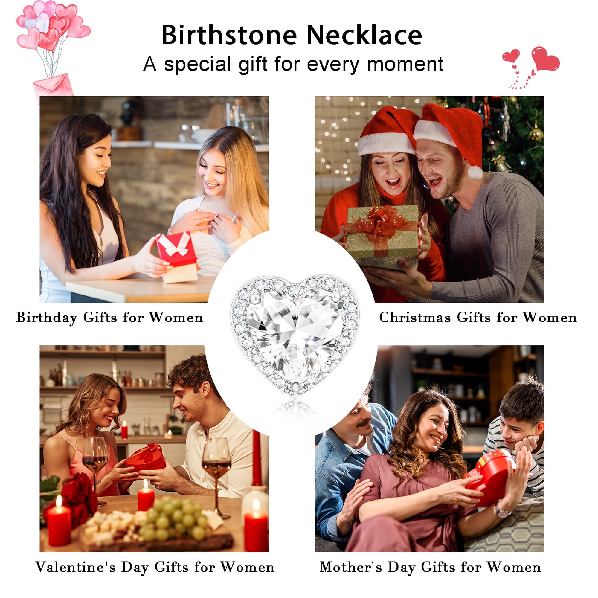 APSVO S925 Sterling Silver Plated Love Heart Necklaces for Women Teen Girls CZ April Birthstone Pendant Chain with Crystal Birthday Jewelry Gifts - Image 4