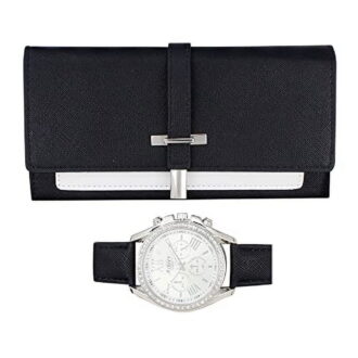 Ashley Princess Women's Easy Reader Colorful Watch Matching with Perfect Colorful Wallet which Holds Smartphone, Credit Cards, Cash & Change Organized & Elegantly Impressive Gift Set - ST10234-N Black
